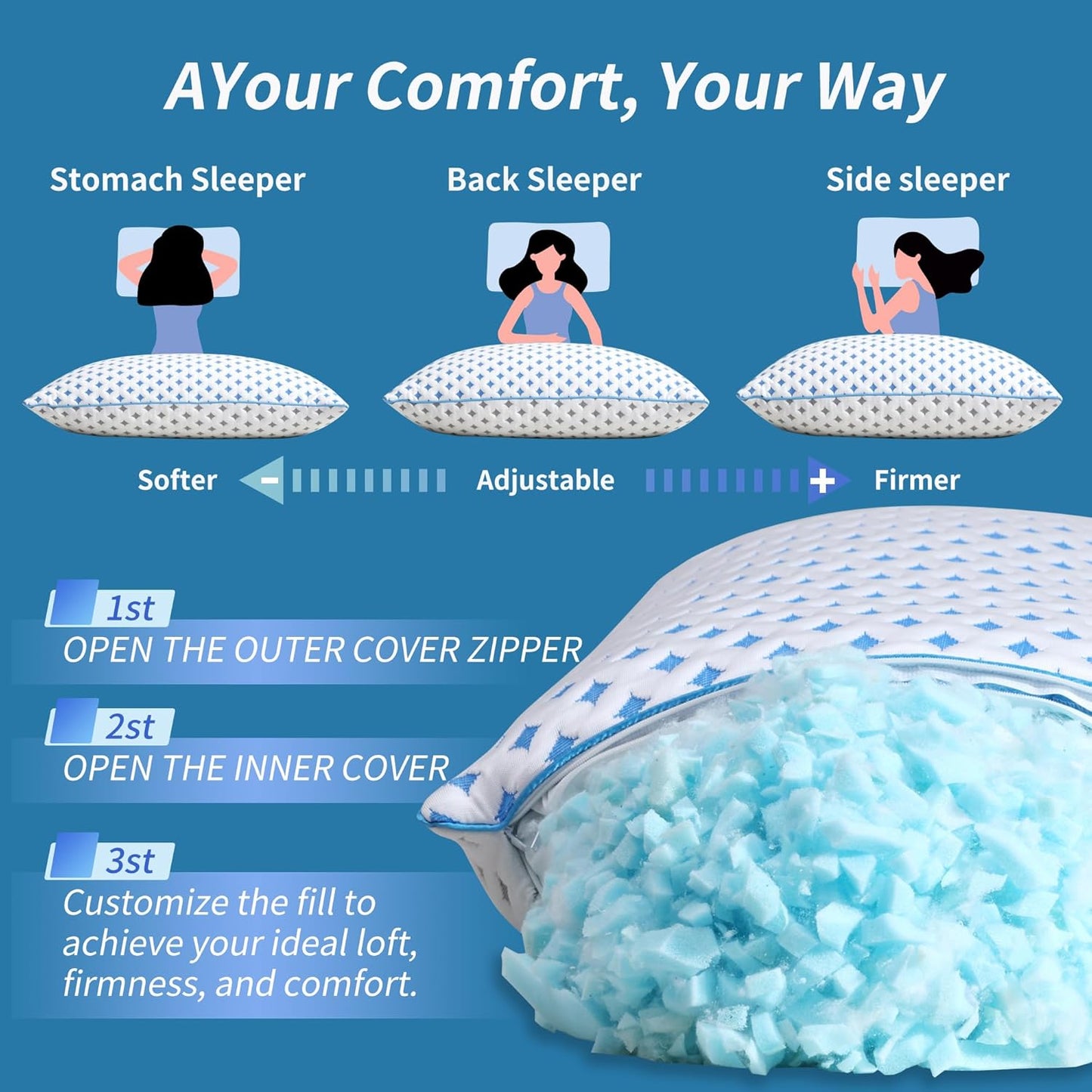 Memory Foam Pillows 2 Pack – Adjustable Loft Cooling Pillows Queen Size Set of 2 for Sleeping, Firm, Supportive, and Breathable Design for Hot, Side, Back, and Stomach Sleepers