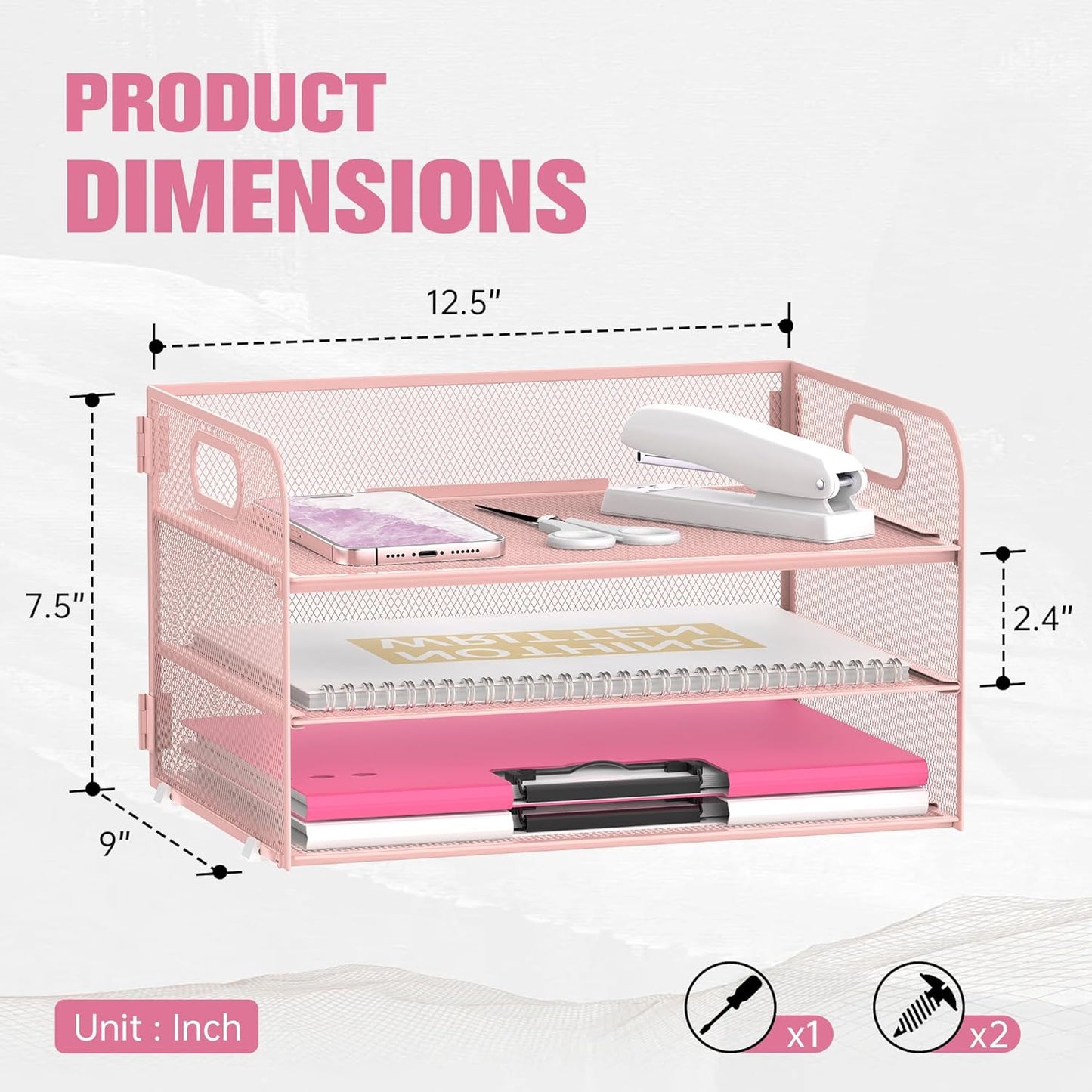 DALTACK 3 Tier Paper Organizer with Handle, Mesh Metal Desk Organizer with Sliding Paper Trays for Letter/A4 Paper, Mail, Bills & Folders, Pink