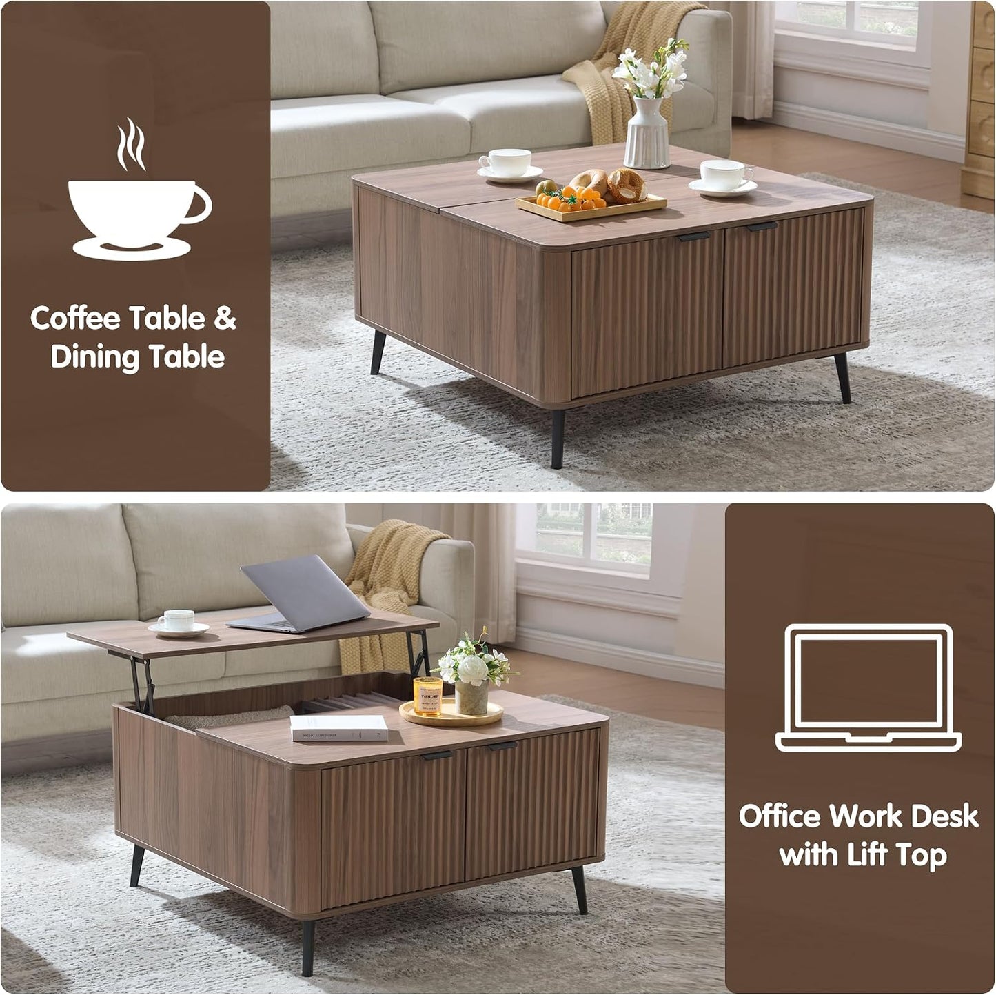 Fatmok Large Lift Top Coffee Table with Hidden Compartment, 35.4" Wide Oversized Square Coffee Table with Storage, Mid Century Modern Fluted Center Table for Home Living Room, Brown