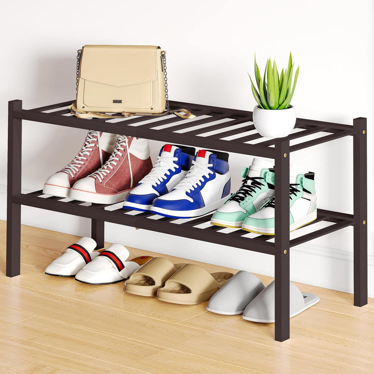 Smiry Bamboo Shoe Rack, 12 Vertical Slats, 3 Tier - 26.8" Wide, White