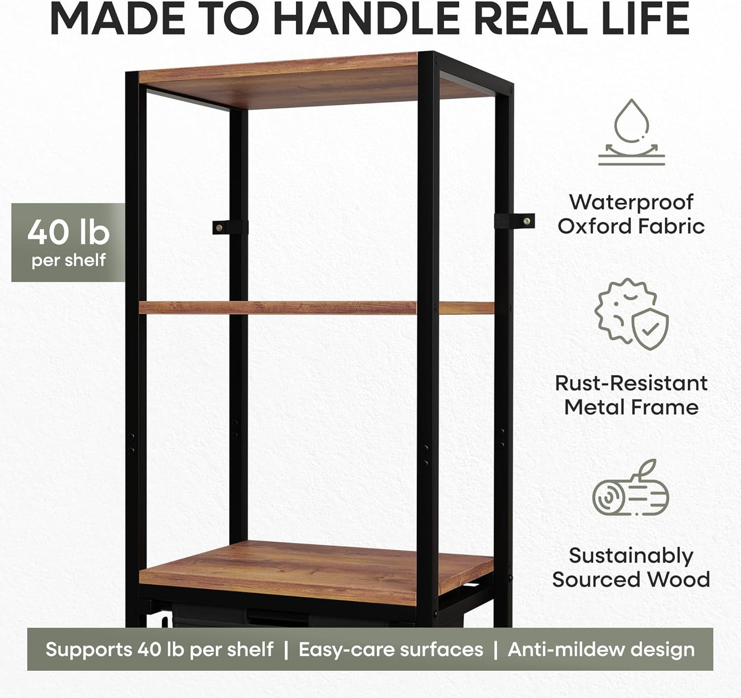 Tilt-Out Laundry Hamper with Shelf – 3 Tier Laundry Organizer with Waterproof Fabric Bin | Freestanding Storage Cabinet with Hooks for Bathroom & Bedroom