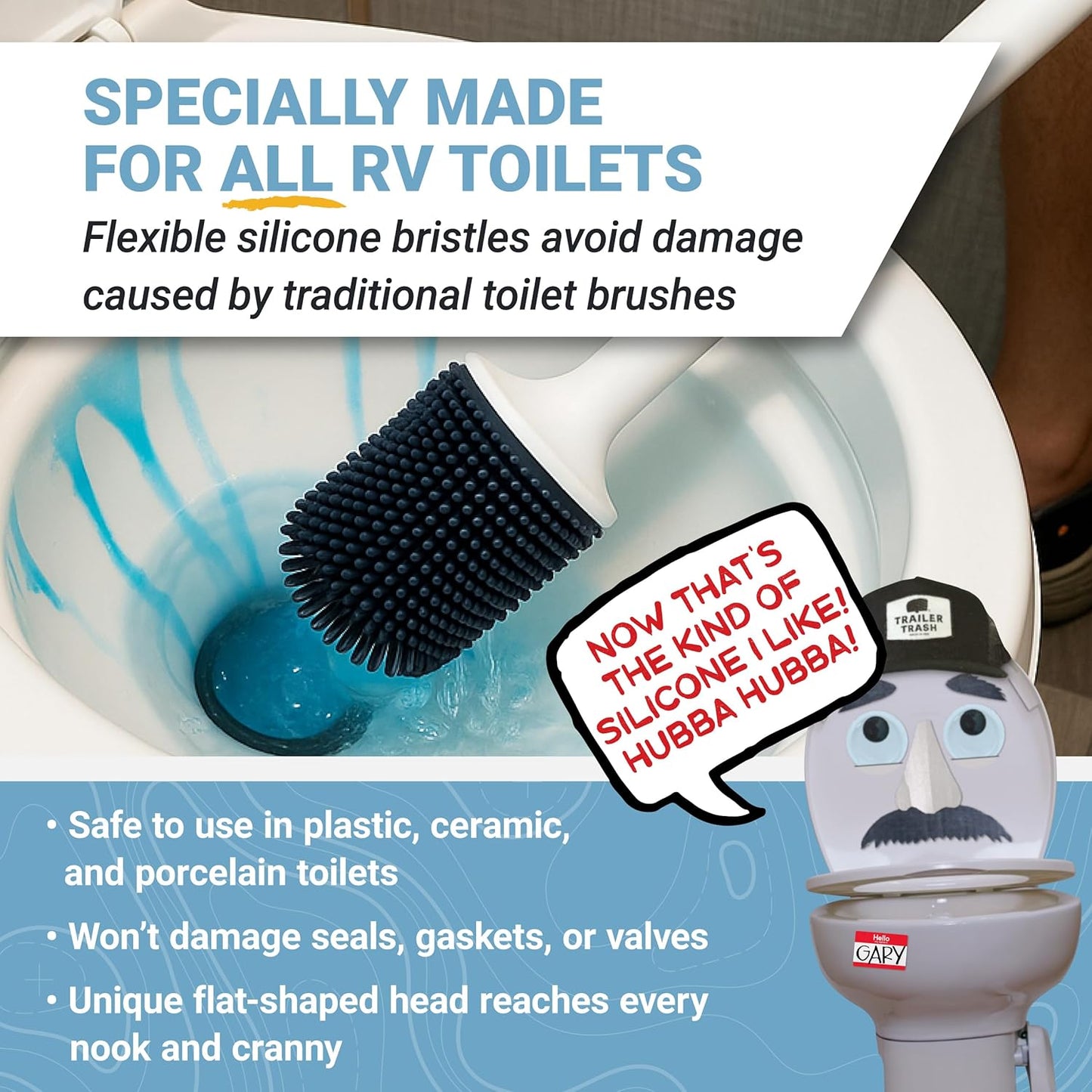 Unique Silicone RV Toilet Brush, Compact, Won't Damage Toilets or Seals, Wall-Mount No-Drip Holder