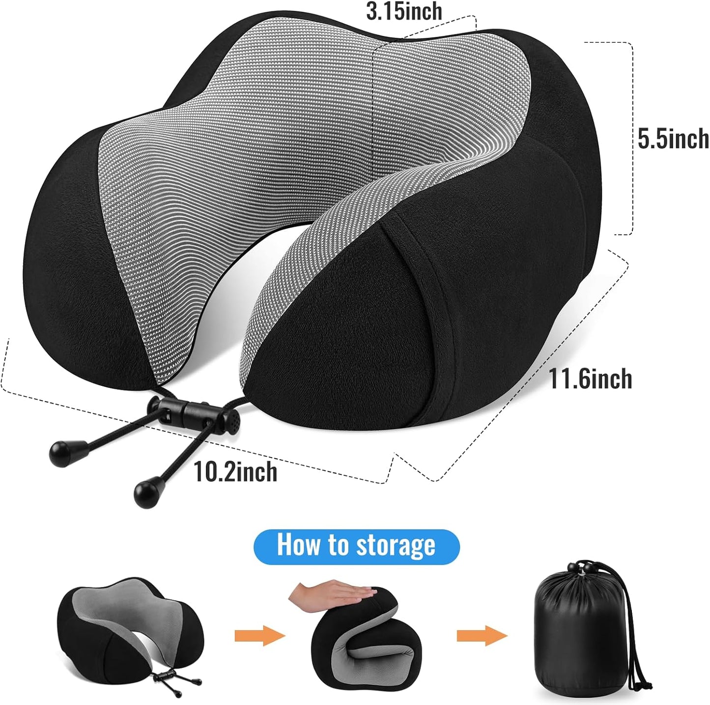CloudBliss Travel Pillow for Airplane, Set of 2 Memory Foam Neck Pillow for Travel, Travel Neck Pillow for Long Flight, Car & Office, Trip Accessories with Eye Mask, Earplugs, Carry Bag, Black & Black