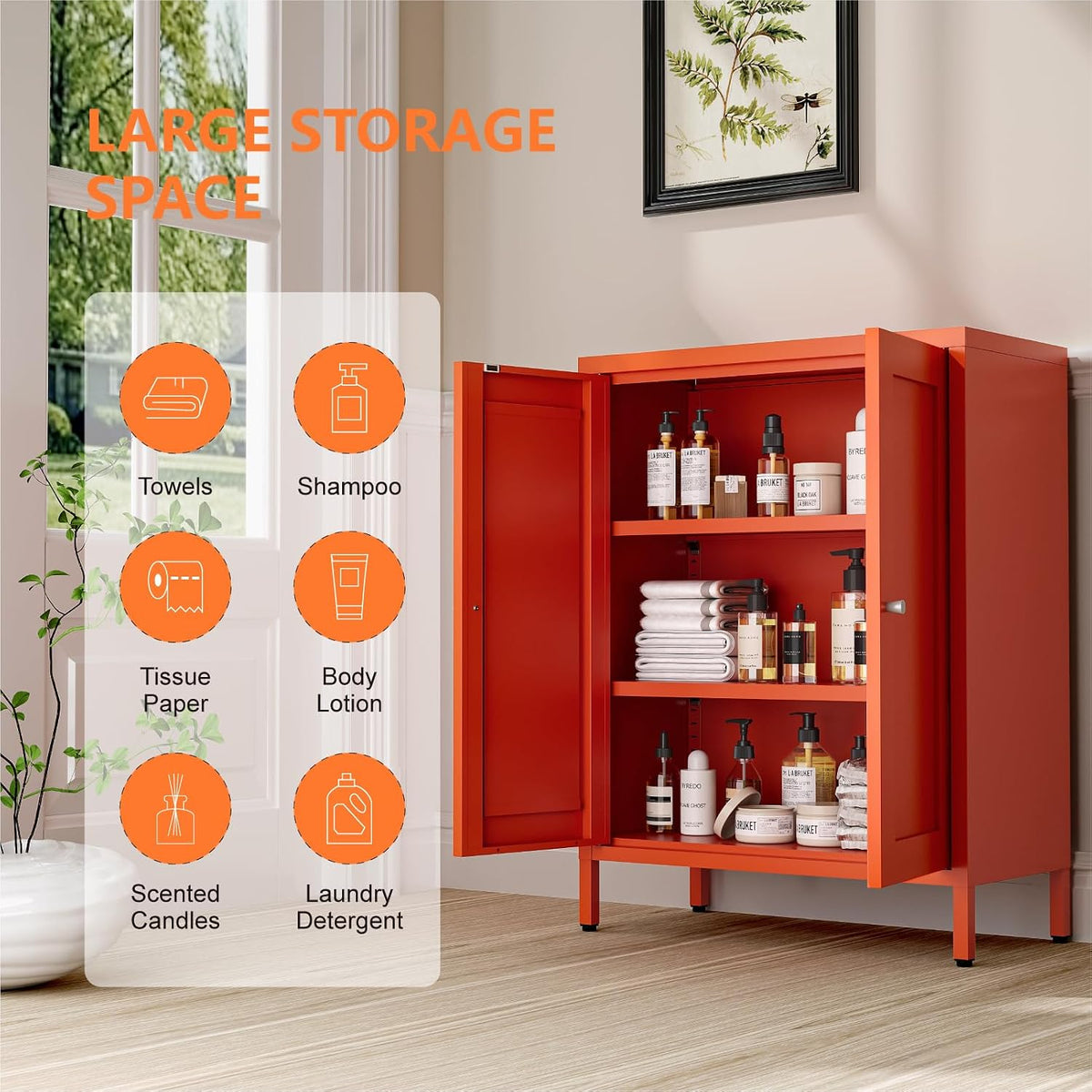 Metal Bathroom Cabinet, Small Floor Storage Cabinet, Freestanding Sideboard with 2 Adjustable Shelves for Living Room, Dining Room (Orange, 31.5" H-2 Doors)