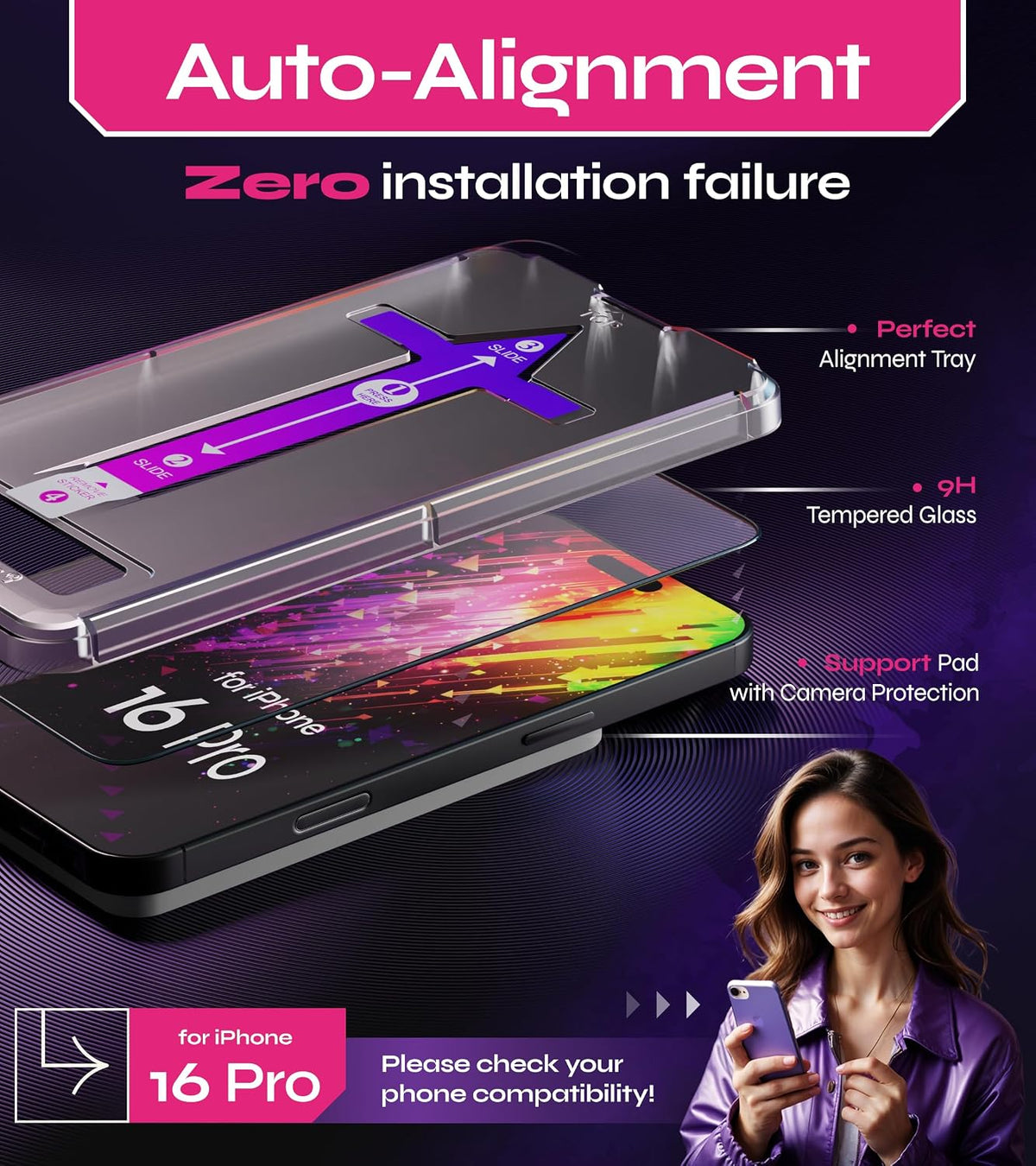 Defenslim Screen Protector for iPhone 16 Pro (2Pack), Easy Auto-Align Install Kit, 6.3" Tempered Glass, 9H Hardness, Ultra HD Clear, Case Friendly, EasyShield