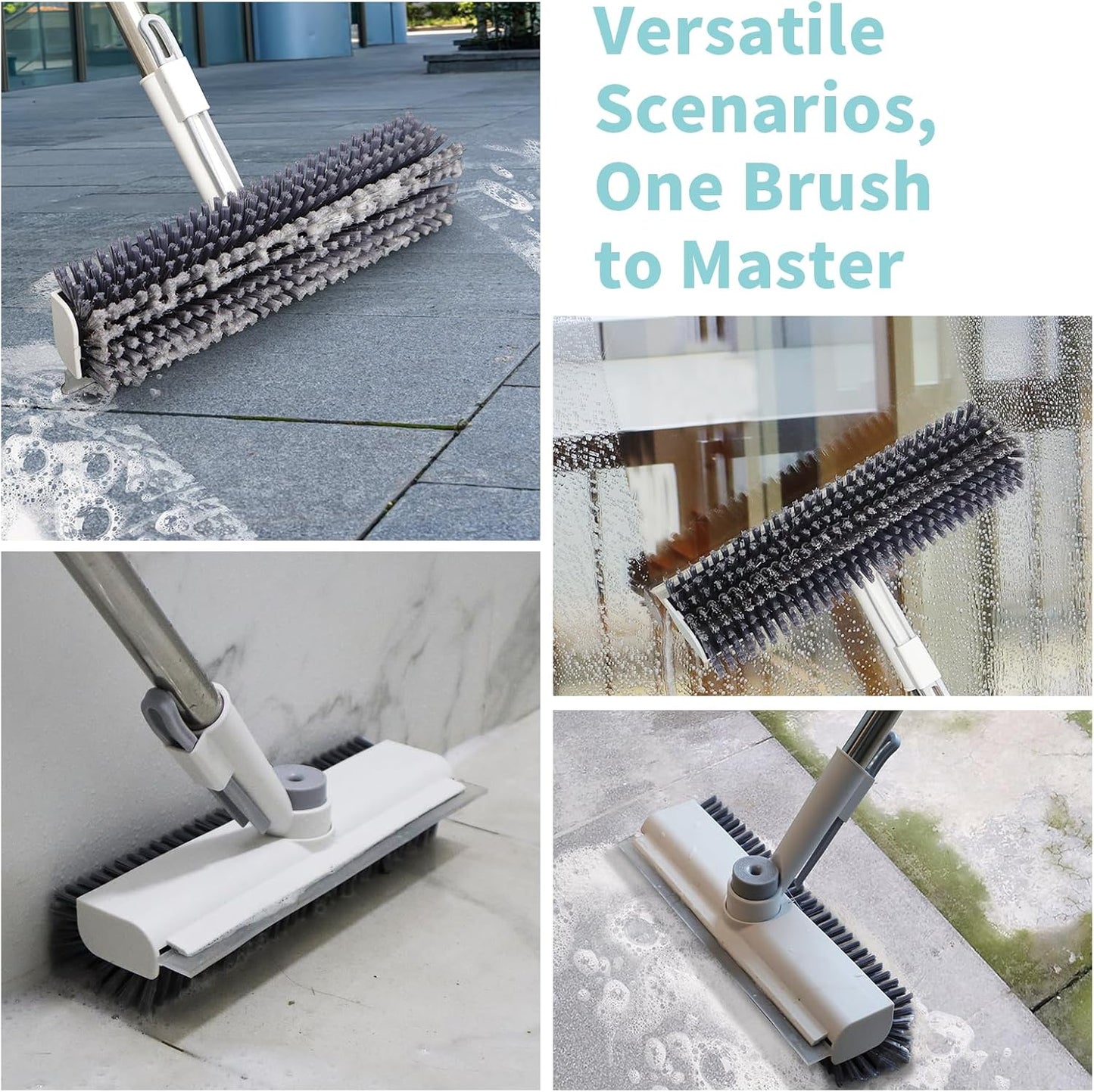 Floor Scrub Brush with Long Handle, 3 in 1 Scrape and Heavy-Duty Stiff Bristle Scrubber Brush Broom for Cleaning Shower Bathroom, Patio, Pool, Garage, Kitchen, Wall and Deck (White, 1 Pack)