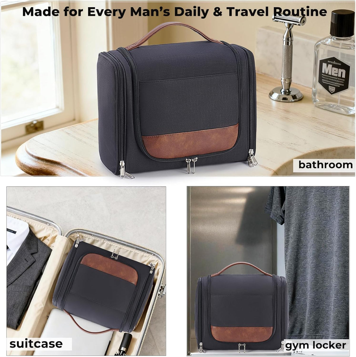 Ralnitote Large Hanging Toiletry Bag for Men, Travel Bathroom Bag with Hook, Hygiene Bag Organizer for Shower, Shaving & Grooming Essentials, Black