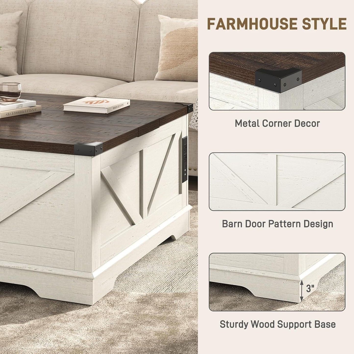 Hlivelood 40” Large Farmhouse Lift Top Coffee Table with Power Outlets and Large Hidden Storage, Square Wood Living Room Tables, Multi-Function Lift Wooden Barn Door Center Table, Rustic White