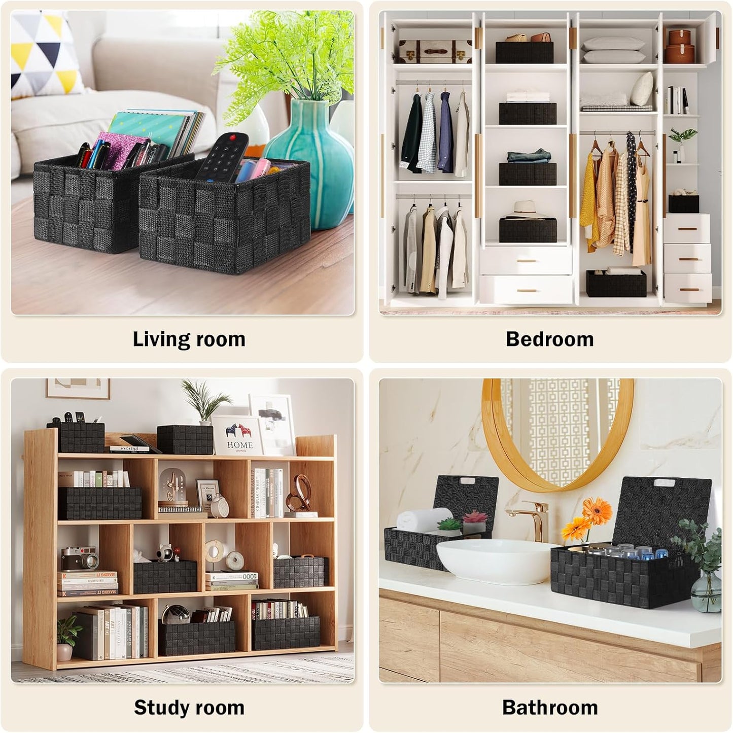 Storage Baskets with Lids: 5 Pack Stackable Woven Storage Bins, Black