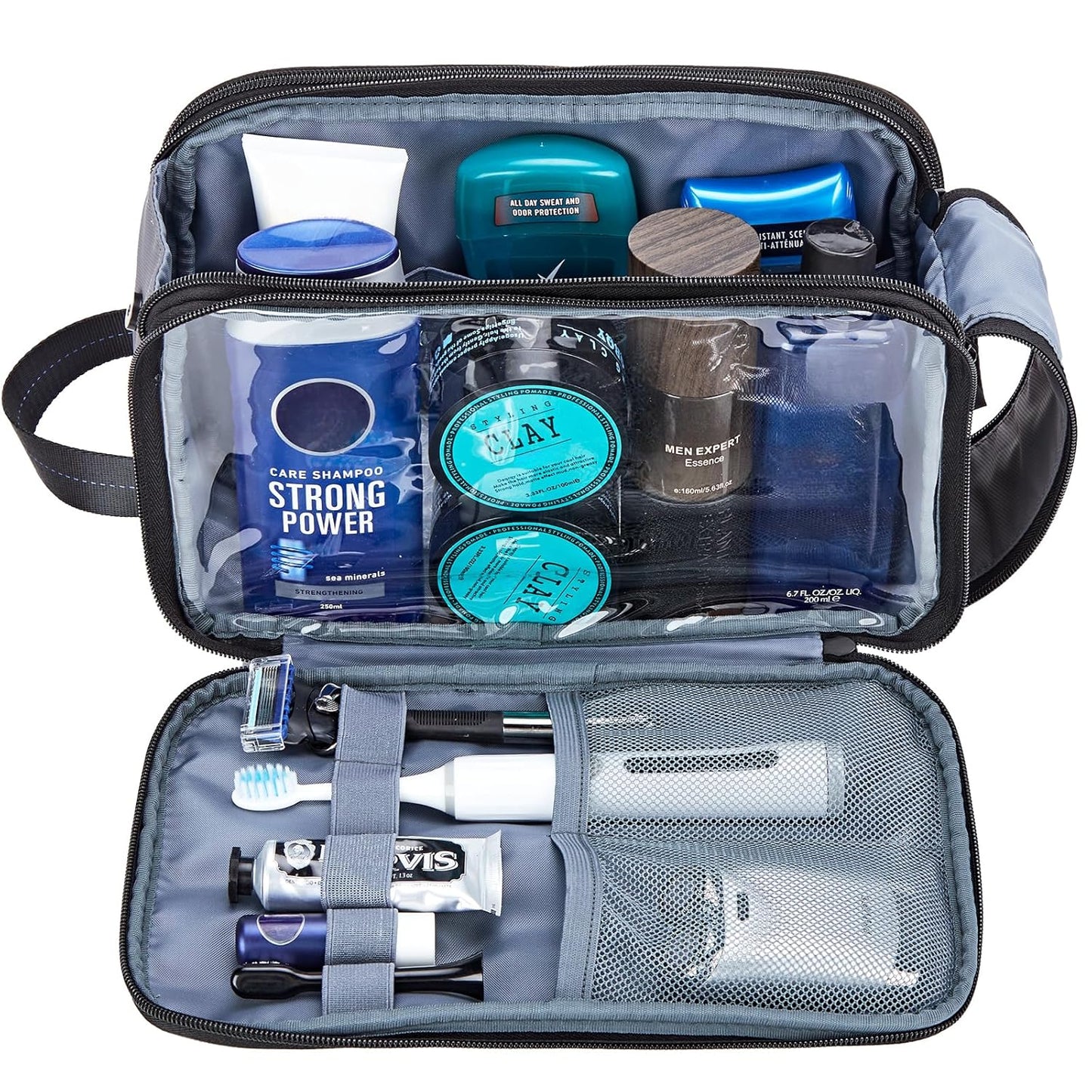 ZEEMO Travel Toiletry Bag for Men, Medium Water-Resistant Double-Sided Full-Open Dopp Kit, Versatile Organizer for Shower and Hygiene Accessories, Bathroom Essentials, Cosmetics, Grey