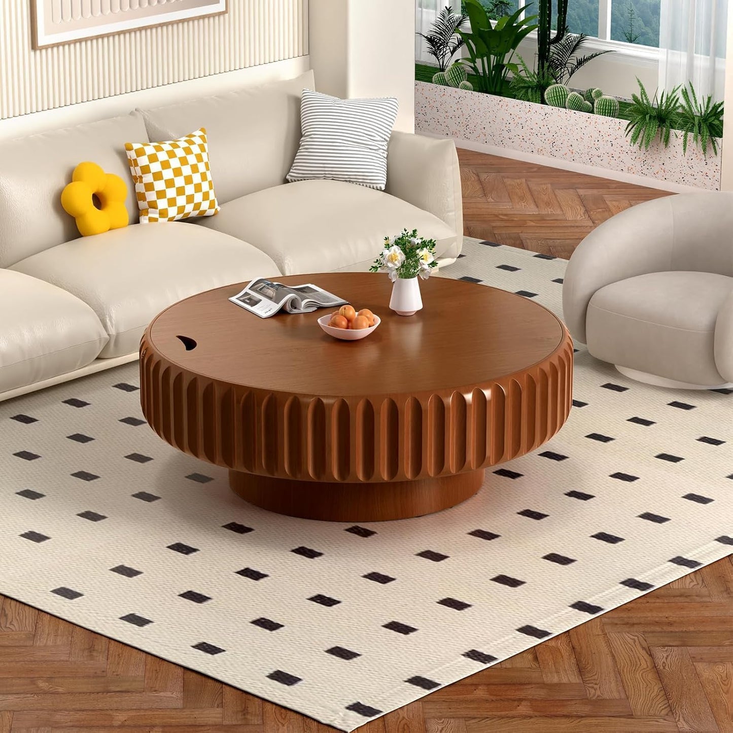 39.4 in Brown Round Drum Coffee Table with Storage | Modern Round Fluted Storage Center Table Handcrafted Solid Wood Fluted Edge, Cylindrical Base For Living Room, Apartment