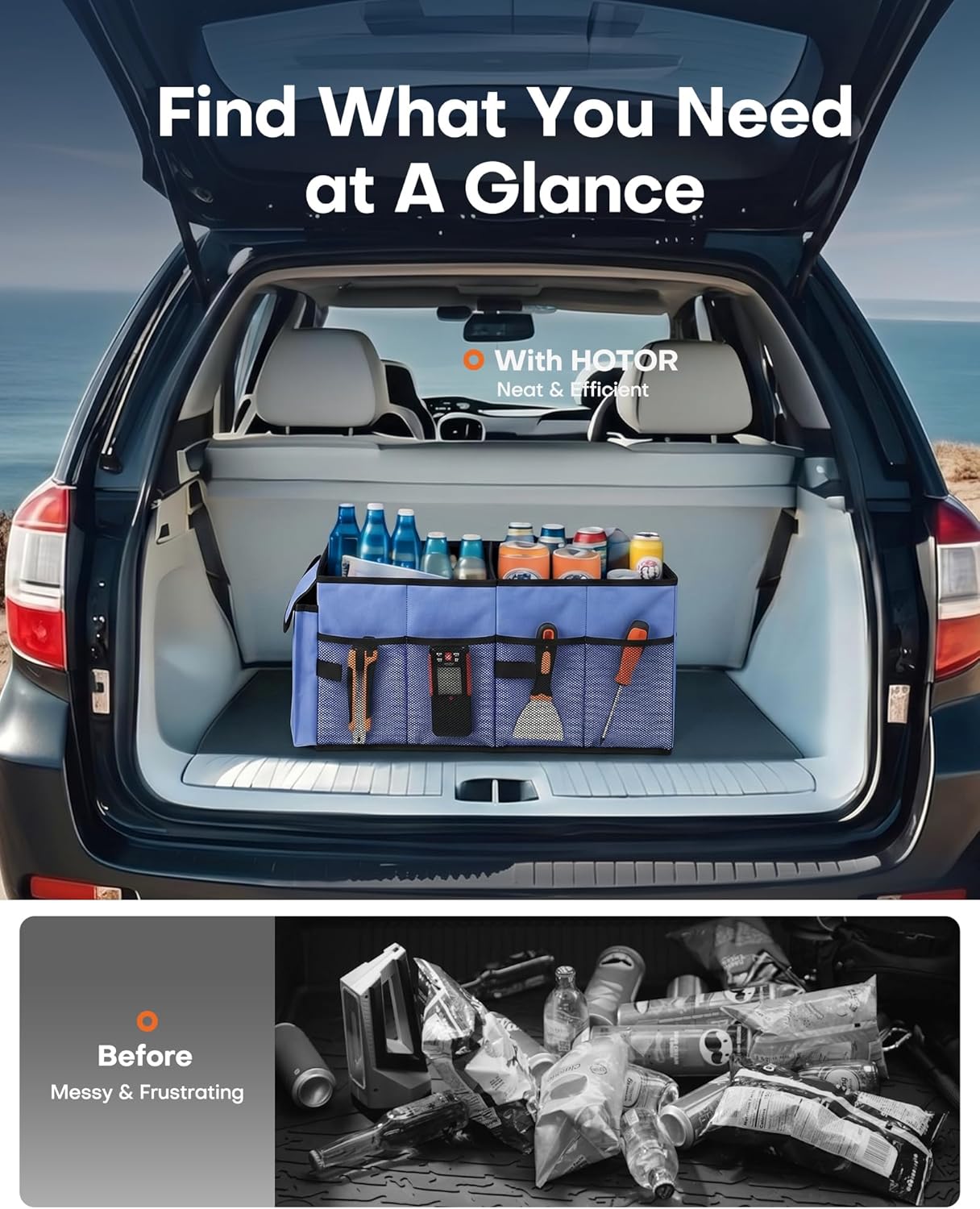 HOTOR Trunk Organizer for Car - Car Organizer, Foldable Trunk organizer for SUVs & Sedans, Sturdy Organization for Car Accessories, Tools, Sundries, Blue, 2 Compartments, 21.3"×12.6"×10.6" | Foldable