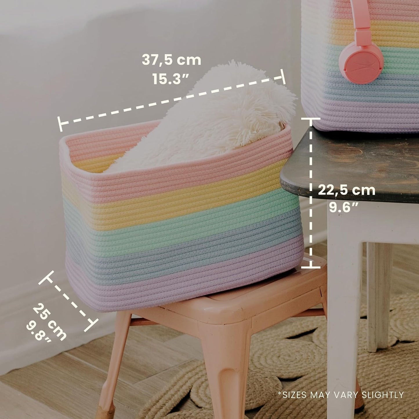 OrganiHaus Rainbow Baskets for Shelves, Set of 3, 15x9x10 | Colorful, handwoven cotton rope; a toy bin for playroom, classroom, or girls' room decor; great for nursery too