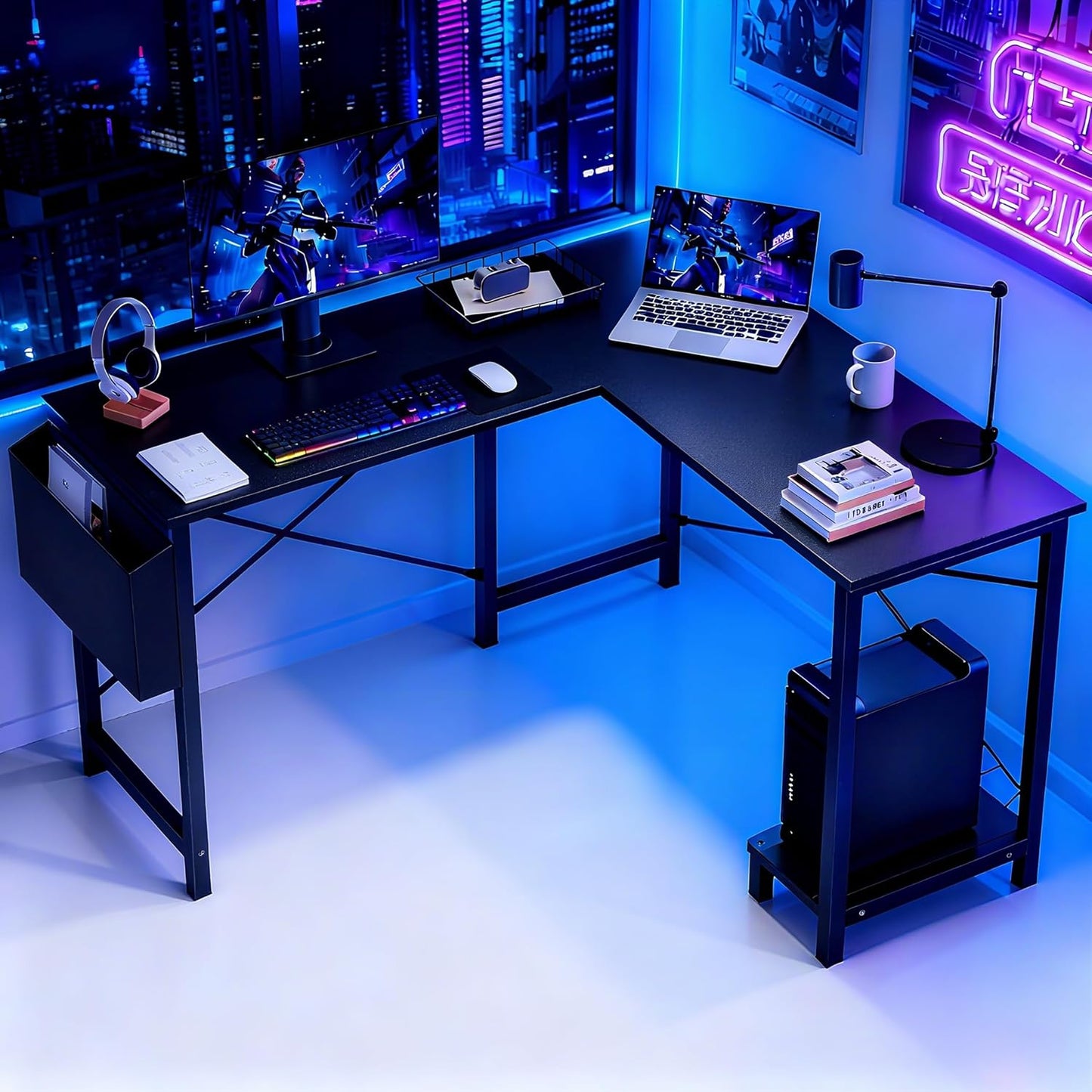 OLIXIS L Shaped Desk, 50-Inch Office Computer Gaming Desks Corner PC Table with Side Bag and Reversible Shelf for Home Work Study Writing Black