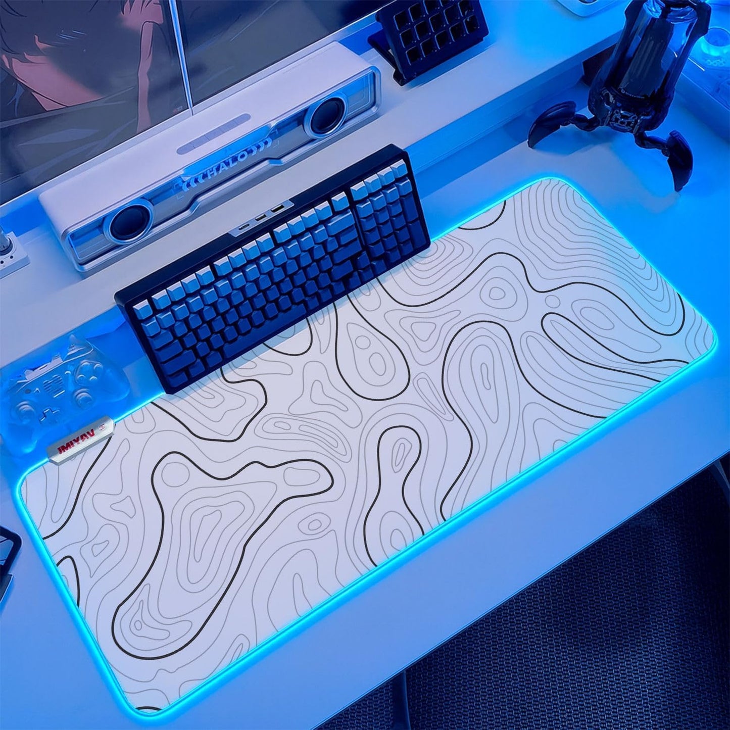 JMIYAV White Gaming Mouse Pad RGB Mousepad 31.5x12In Non-Slip Rubber Base Extra Large Cool XL XXL Computer Desk Pad Gaming Accessories Setup LED Light Up Big Mouse Pad for Gamer Topographic White