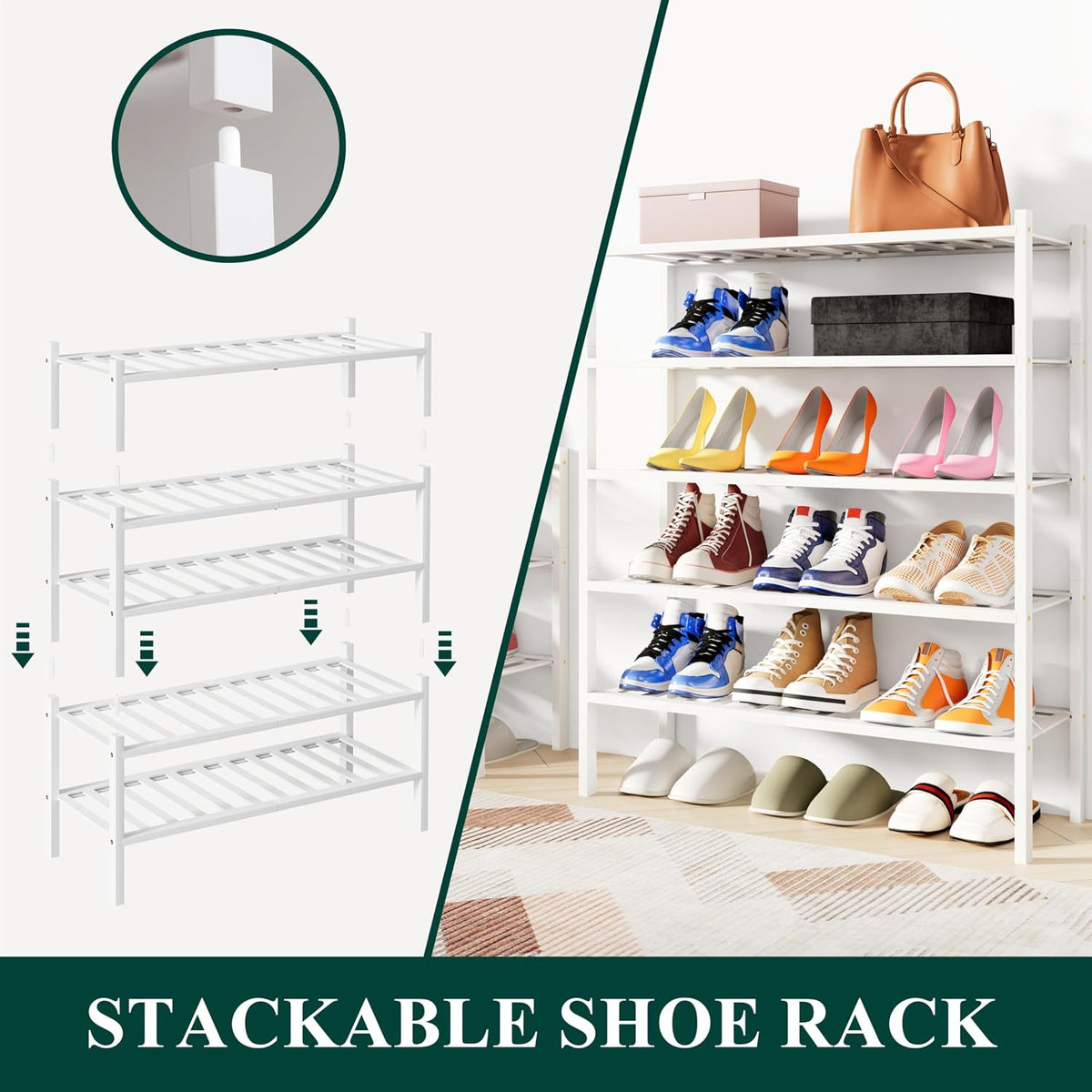 Smiry Bamboo Shoe Rack, 12 Vertical Slats, 3 Tier - 26.8" Wide, White