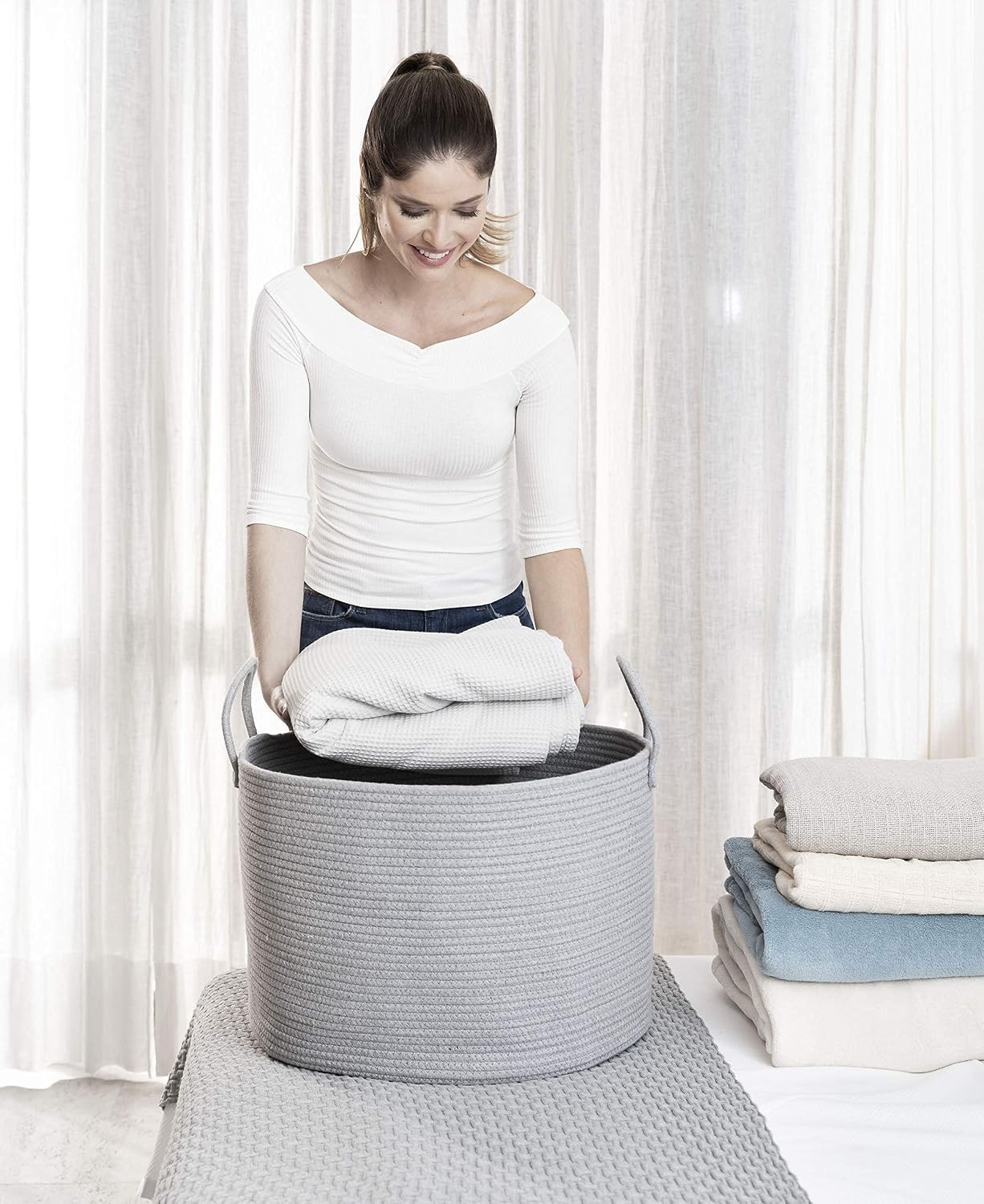 OrganiHaus Round Toy Basket & Blanket Basket, Cotton Rope 20x13" | Full Gray - Round Cotton Rope Basket, 20x13"