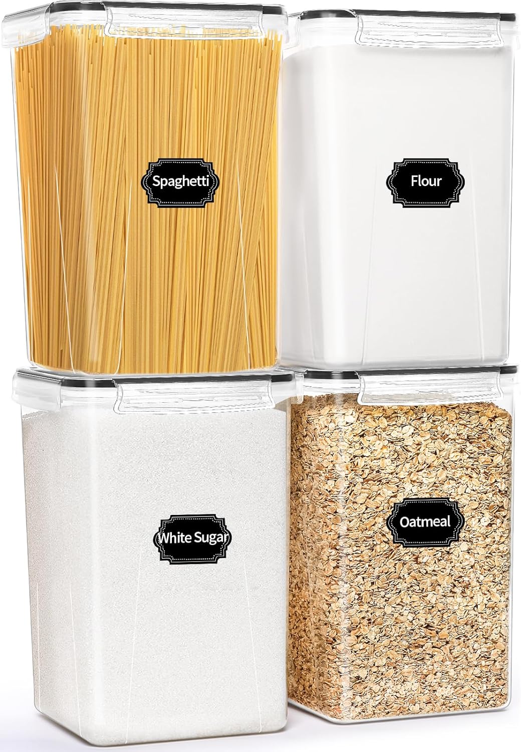 HKJ Chef 4 Pack Large Airtight Food Storage Containers with Lids (5.2L / 176oz), BPA Free Plastic Kitchen and Pantry Organization Contianers for Cereal Flour and Sugar Storage, Labels & Marker