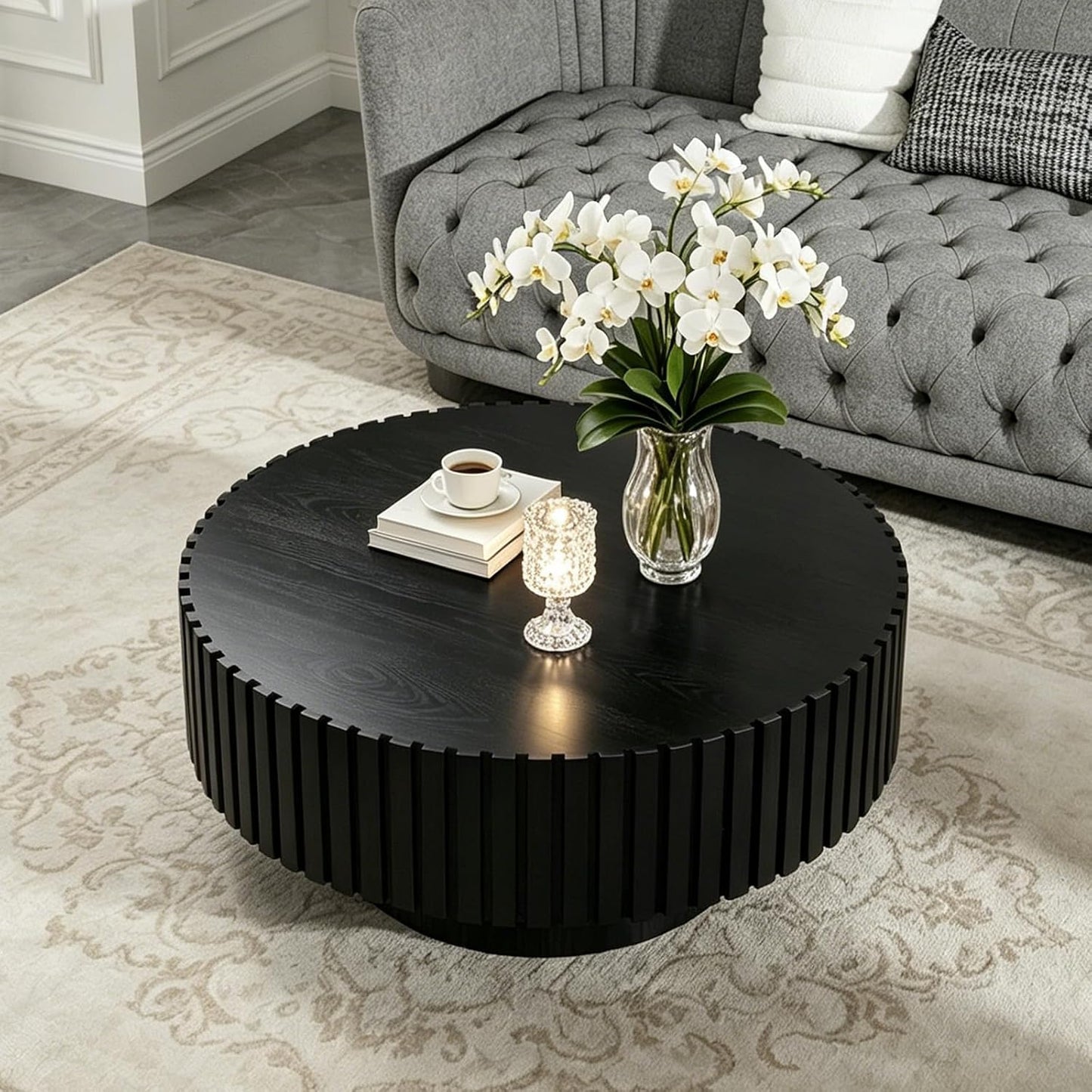 31.5" Modern Round Coffee Table (Round Black) | Contemporary Circle Fluted Center Table, Solid Wood Relief, Vintage Wooden Accent Table, For Living Room, Small Spaces