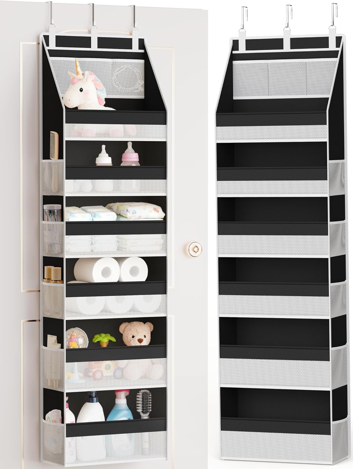 Criusia Over the Door Organizer, Heavy-Duty 6-Shelf Hanging Storage with 13 Mesh Pockets, 55lbs Capacity Behind the Door Storage for Nursery, Bathroom, Bedroom, and Dorm, Black