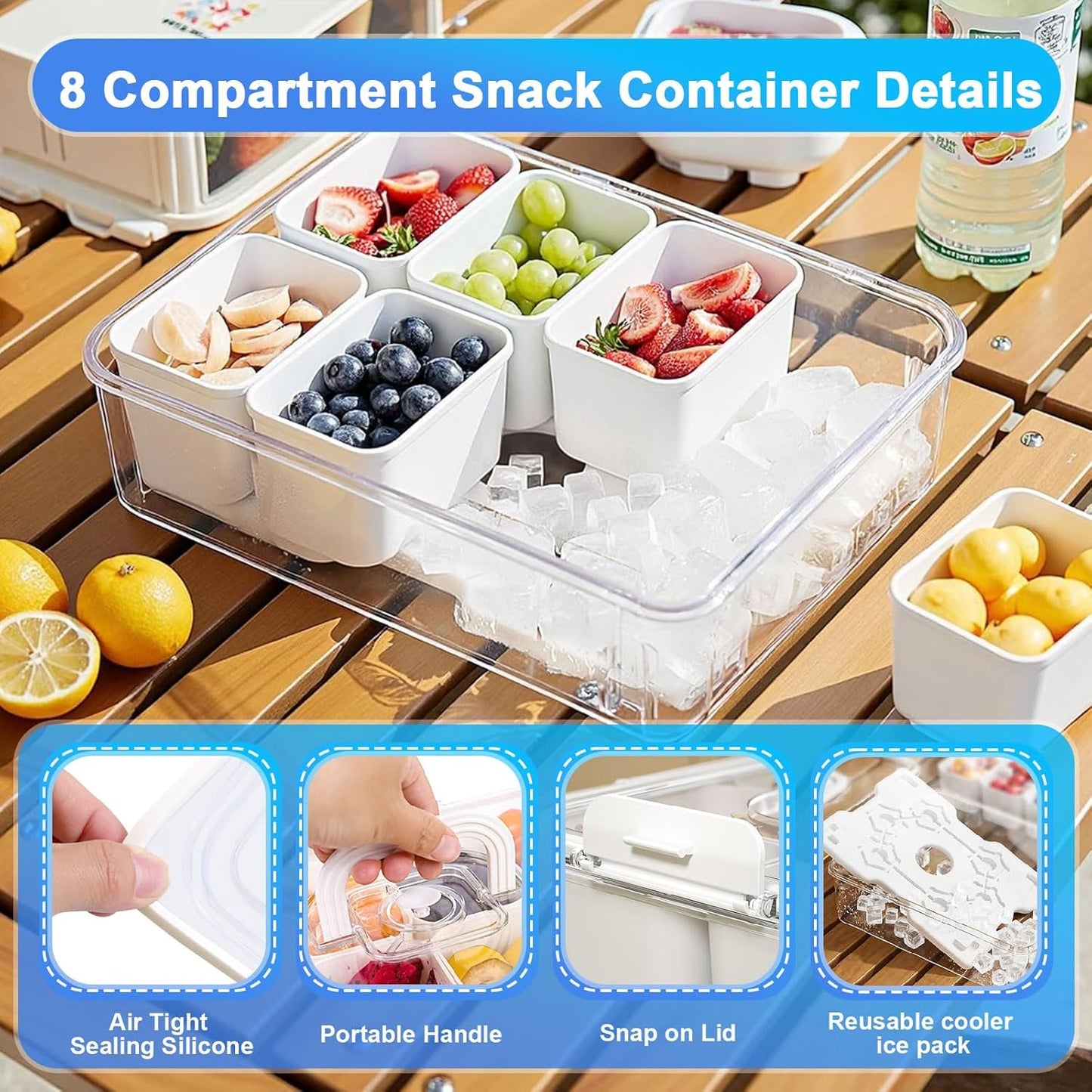 Portable Snackle Box Container with Ice Pack,Snack Container Divided Serving Tray Insulated Bag, Cooling Travel Snacklebox with Lid & Handle,8 Compartment Chilled Serving Tray for Beach,Outdoor,Picnic
