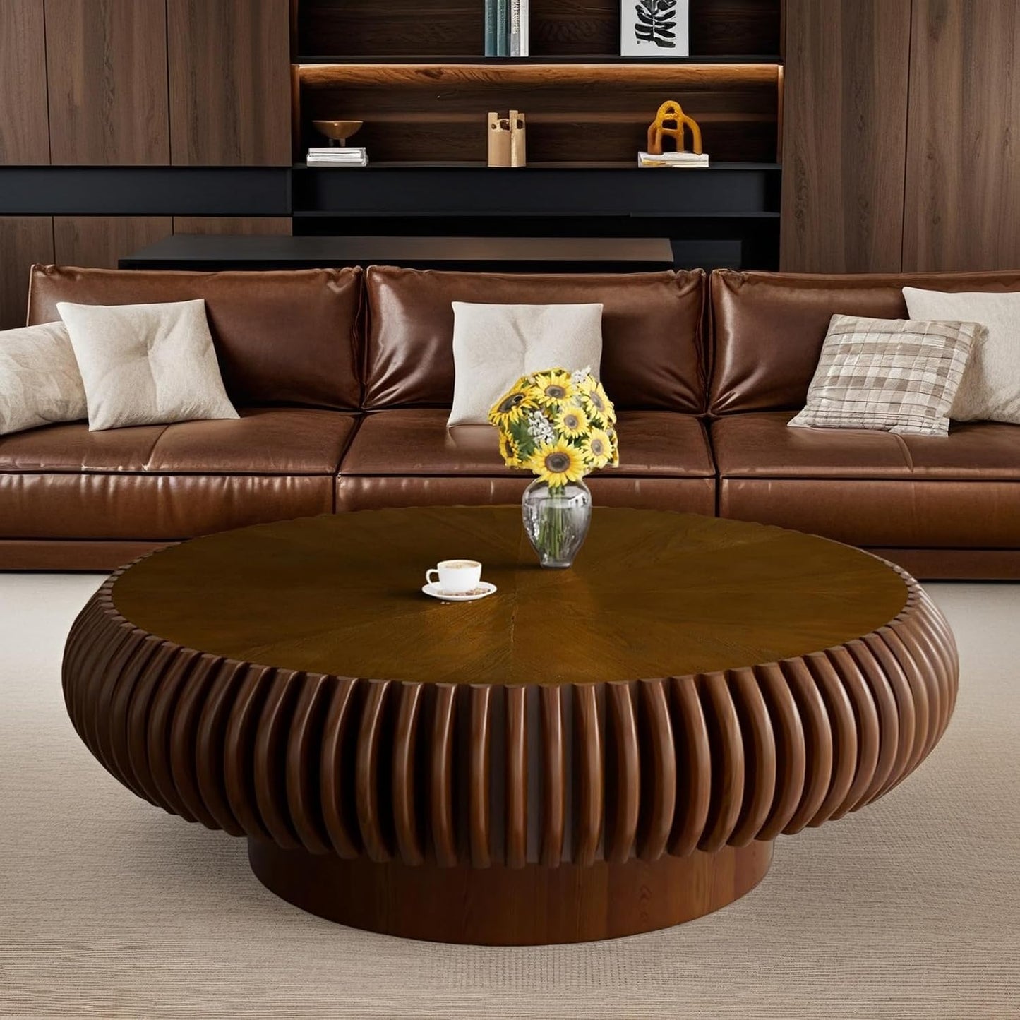 Brown Round Fluted Coffee Table for Living Room (31" Round Brown) | Handcrafted Relief, Circular Wood Drum Coffee Table, for Office Outdoor