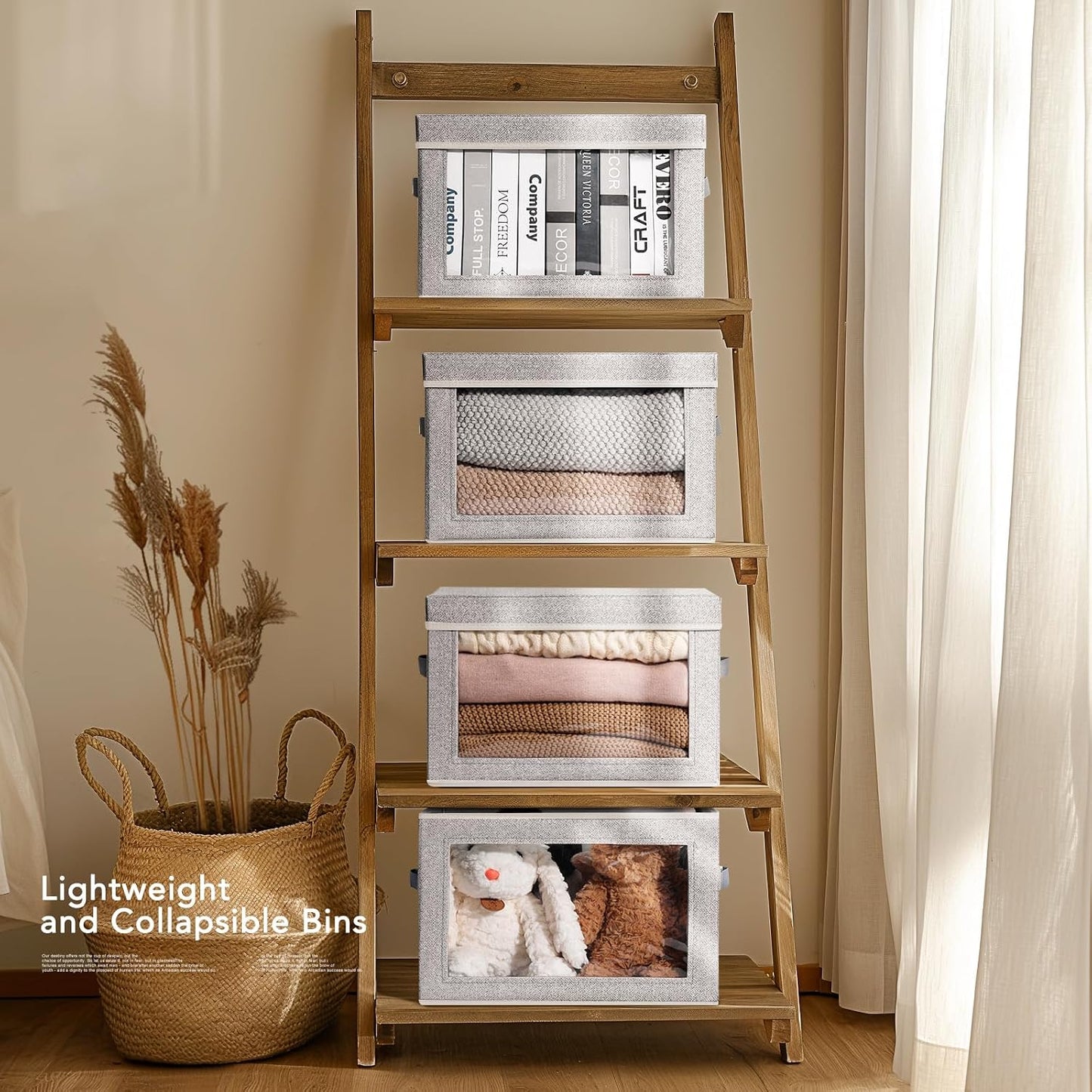 Homsorout Foldable Storage Bin with Lid - Closet Storage Organizer with Window, Storage Bins with Lids for Clothes, Fabric Storage Baskets for Shelves, Bedroom, Dorm, Light Grey, 4 Pack