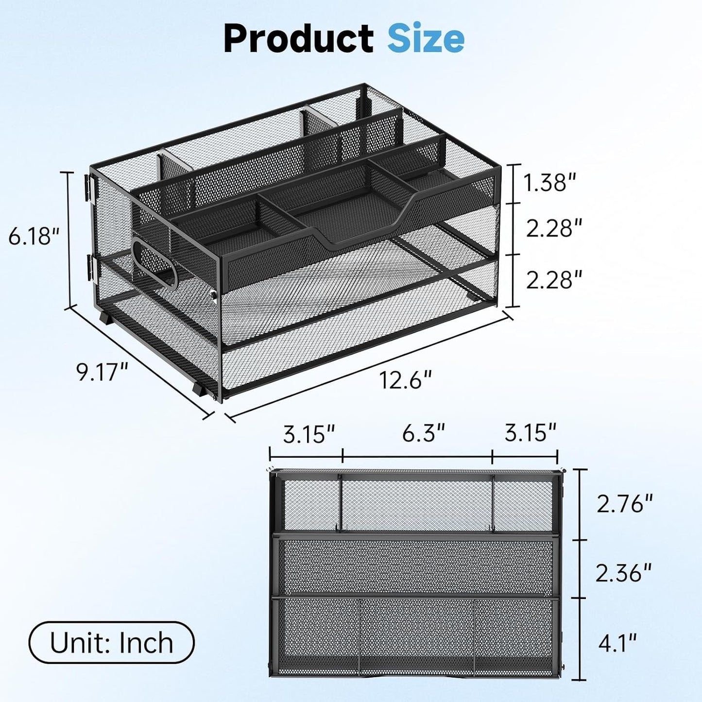 Daltack 3-Tier Desk Organizer with Handle, Mesh Paper Organizer with Pen Holders & Adjustable Compartments & A4/Letter Paper Trays for Home Office Supplies, Black