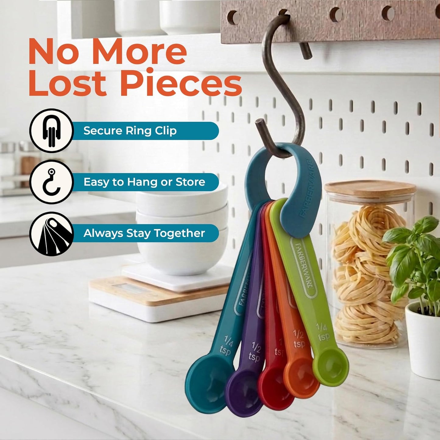 Farberware Kitchen Basics Measuring Cup & Spoon Set – 9-Piece Colorful Nesting Stackable Cups & Spoons with Ring Organizer, Easy-Read Markings for Cooking & Baking, Durable Plastic Kitchen Tools