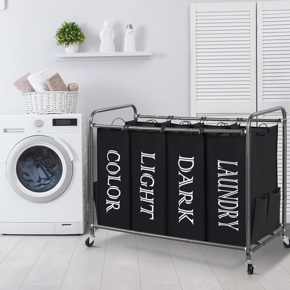 STORAGE MANIAC Laundry Sorter 4 Section, 47.8 Gal (181 L) Laundry Hamper with Wheels, Clothes Divider Basket Sorter, Clothes Separator Hamper Cart with Wheels and Removable Bags, Label Black