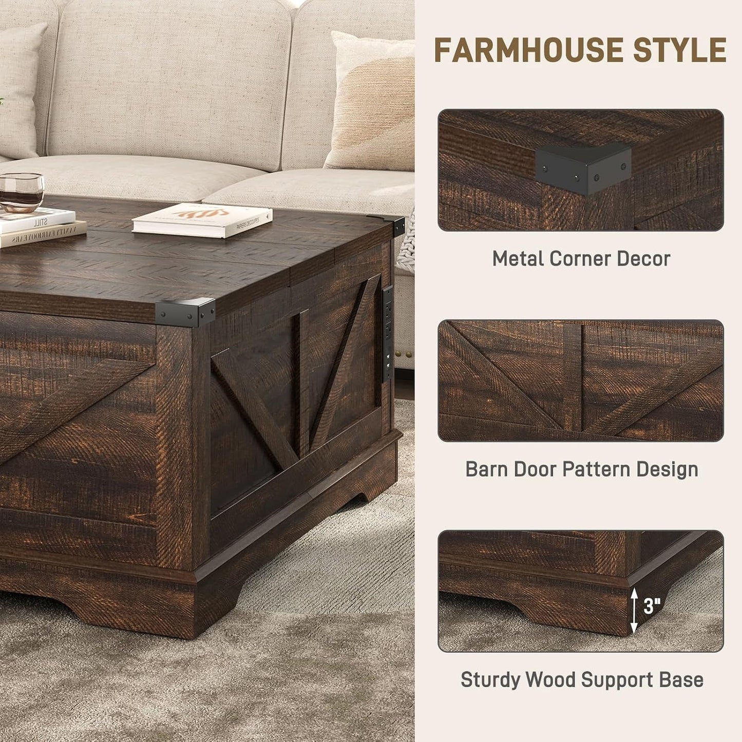 Hlivelood 40” Large Farmhouse Lift Top Coffee Table with Power Outlets and Large Hidden Storage, Square Wood Living Room Tables, Multi-Function Lift Wooden Barn Door Center Table, Brown