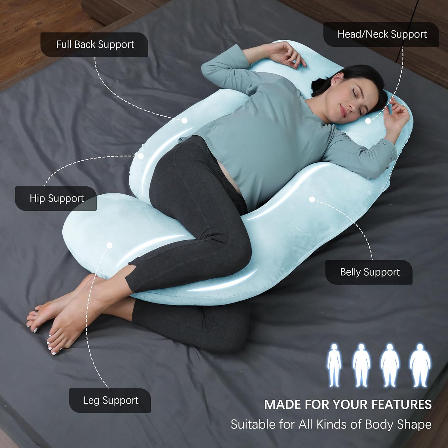 MOON PARK Pregnancy Pillows for Sleeping - U Shaped Full Body Maternity Pillow with Removable Cover - Support for Back, Legs, Belly, Hips - 57 Inch Pregnancy Pillow for Women - Aqua