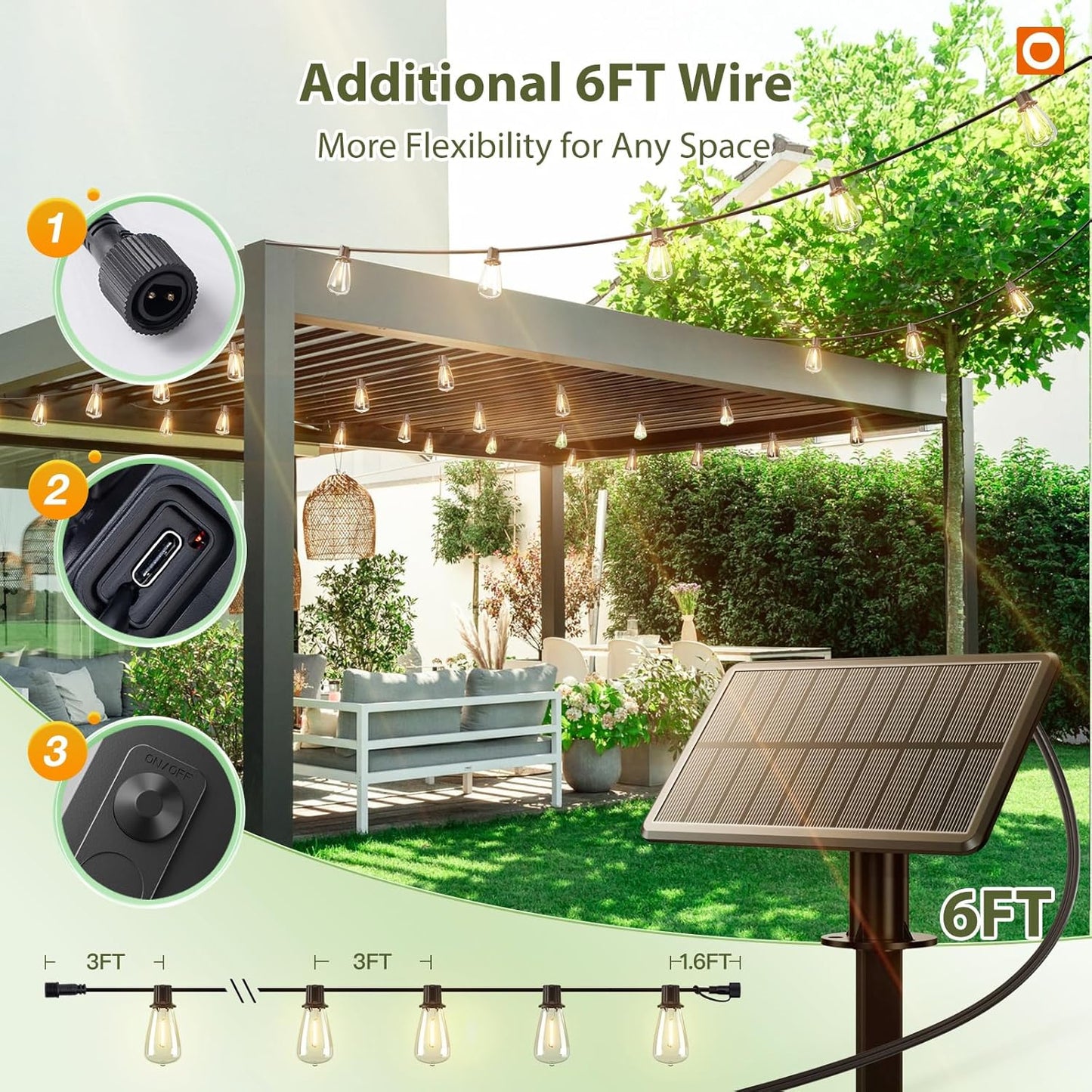 addlon 52(48+4) FT Solar String Lights Waterproof,Patio Lights Solar Powered with Remote & USB Port 16+1 LED Shatterproof Bulbs 3 Light Modes, Dimmable Solar Light for Camping Backyard Garden