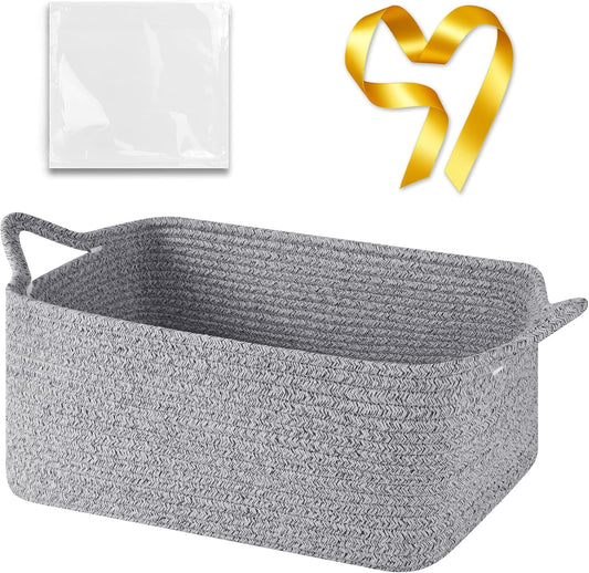 OIASKET Large Empty Cotton Rope Gift Basket with Handles, 16.5"x12.6"x7" Decorative Woven Storage Basket with Gift Bag and Ribbon Set for Baby Shower, Toy Organizer for Kids, Dogs & Cats - Grey