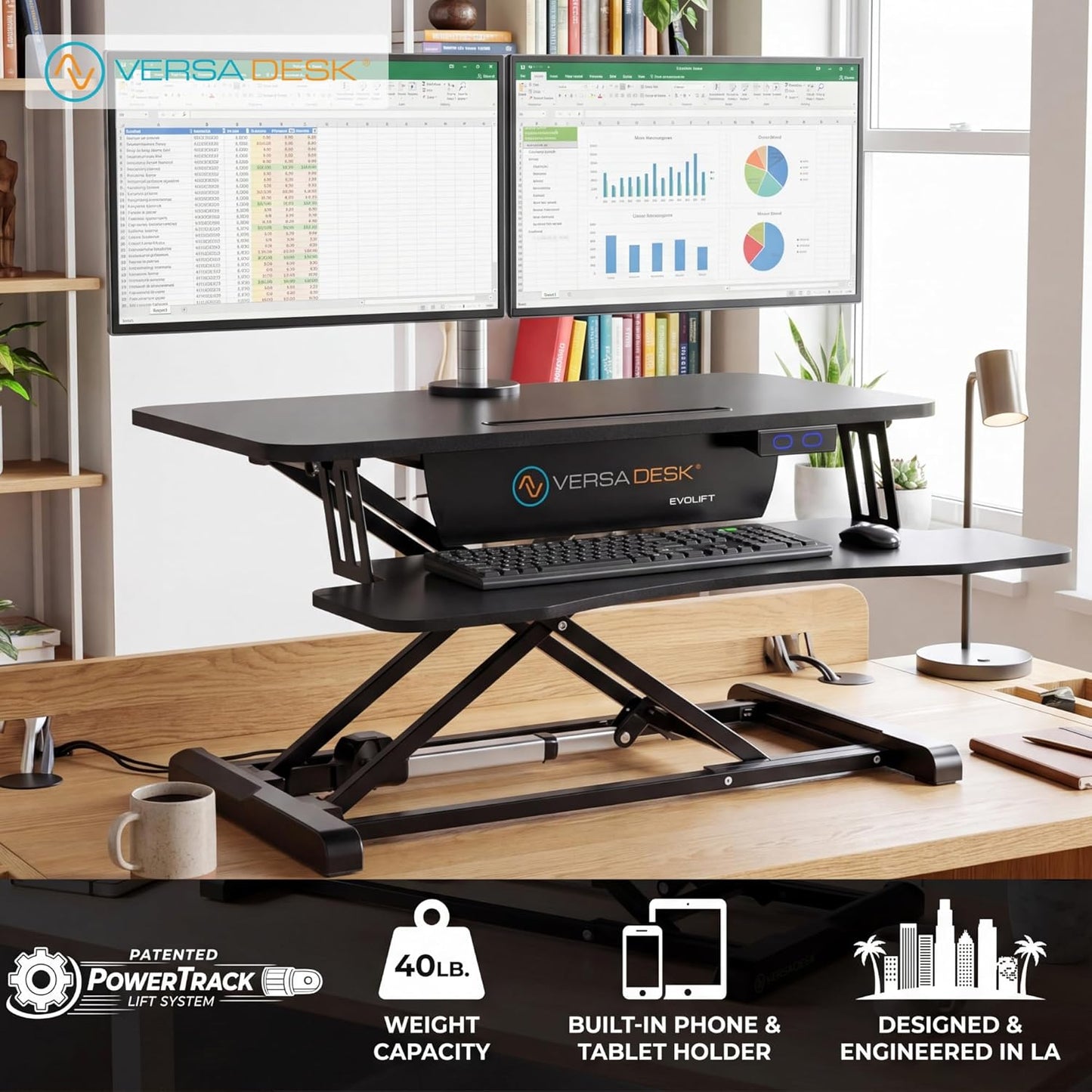 VERSADESK EvoLift 32" Electric Standing Desk Converter, Sit to Stand Motorized Desk Riser, 1-Button Easy Lift, Dual Monitor Workstation, Wide Keyboard Tray, Built-in Device Stand, Black