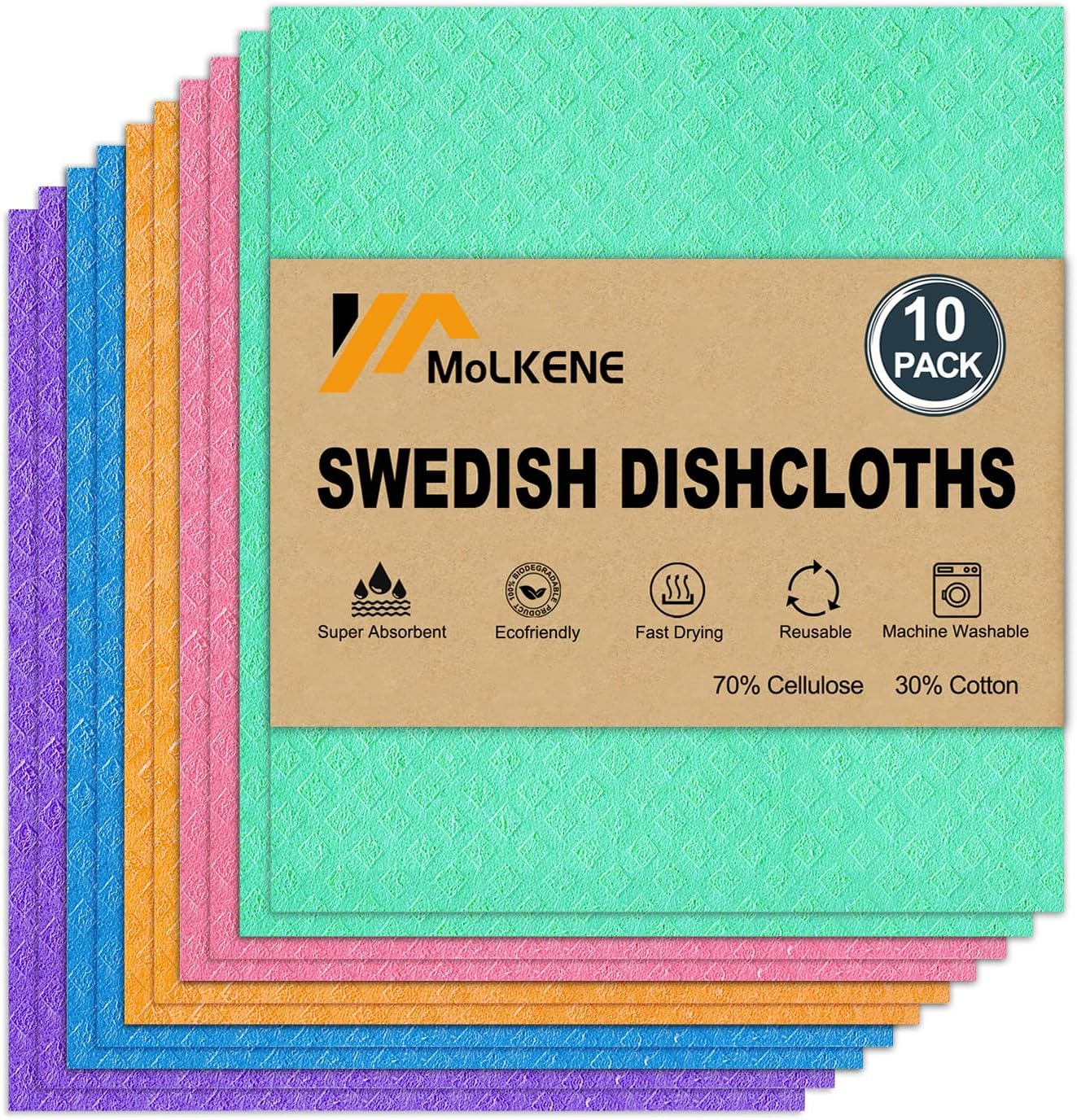 MoLKENE Swedish Dish Cloths - 10 Pack Reusable Kitchen Dishcloths - Ultra Absorbent Dish Towels for Washing Dishes - Cellulose Sponge Cloth Cleaning Rag - Assorted