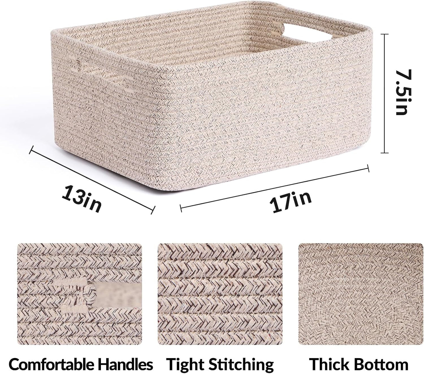 MiniArk Large Storage Baskets for Shelves, 17 x 13 x 7.5” Closet Organizers Bins for Clothes Blanket Towels, Baby Nursery, Toy Baskets Box, Woven Rope Baskets, 3 Packs Mixed Brown