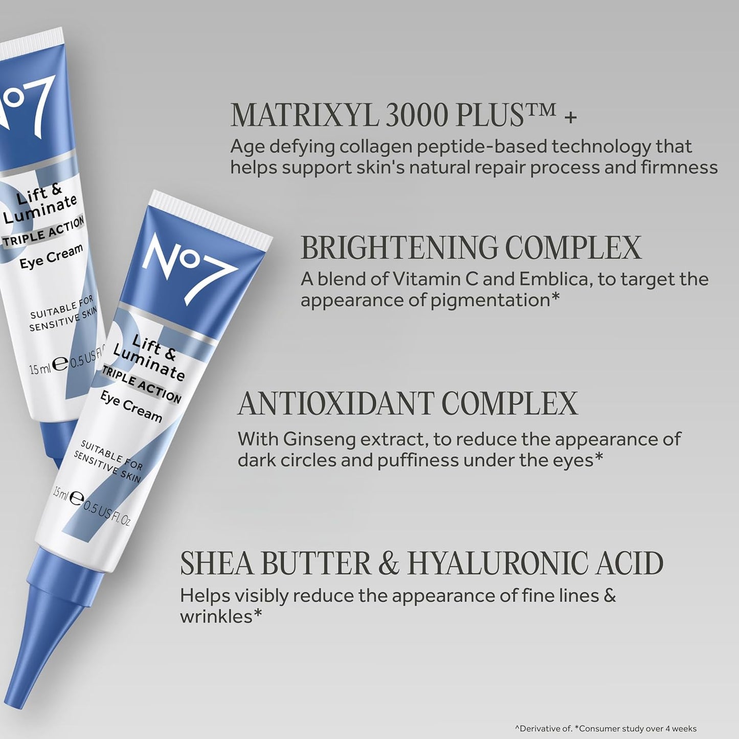 No7 Lift & Luminate Triple Action Under Eye Cream - Dark Circles Under Eye Treatment with Vitamin C & Collagen Peptide Technology - Helps Reduce Puffiness, Bags & the Appearance of Wrinkles (0.5 Oz)