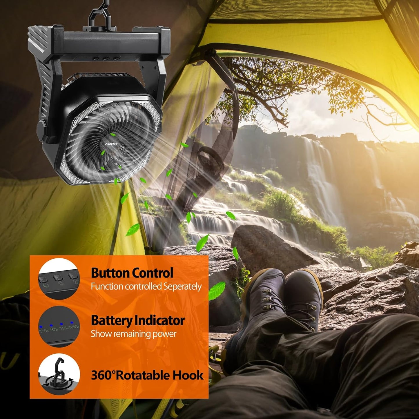 20000mAh Battery Powered Camping Fan, 58Hrs Rechargeable Portable Fan, 400LM Light, 360° Hook, Whisper Quiet Battery Operated Fan for Outdoor Car Travel Gear Essentials Power Outages Co-brand AMACOOL