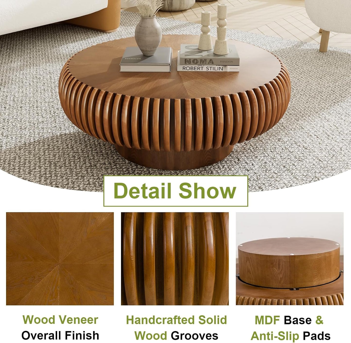 31 inch Brown Round Fluted Coffee Table for Living Room (E, 1PC) | Mid Century Modern Style, Drum Shape, Low Circle Center Table, Wood Fluted Stripes, For Small Spaces, Easy to Assemble