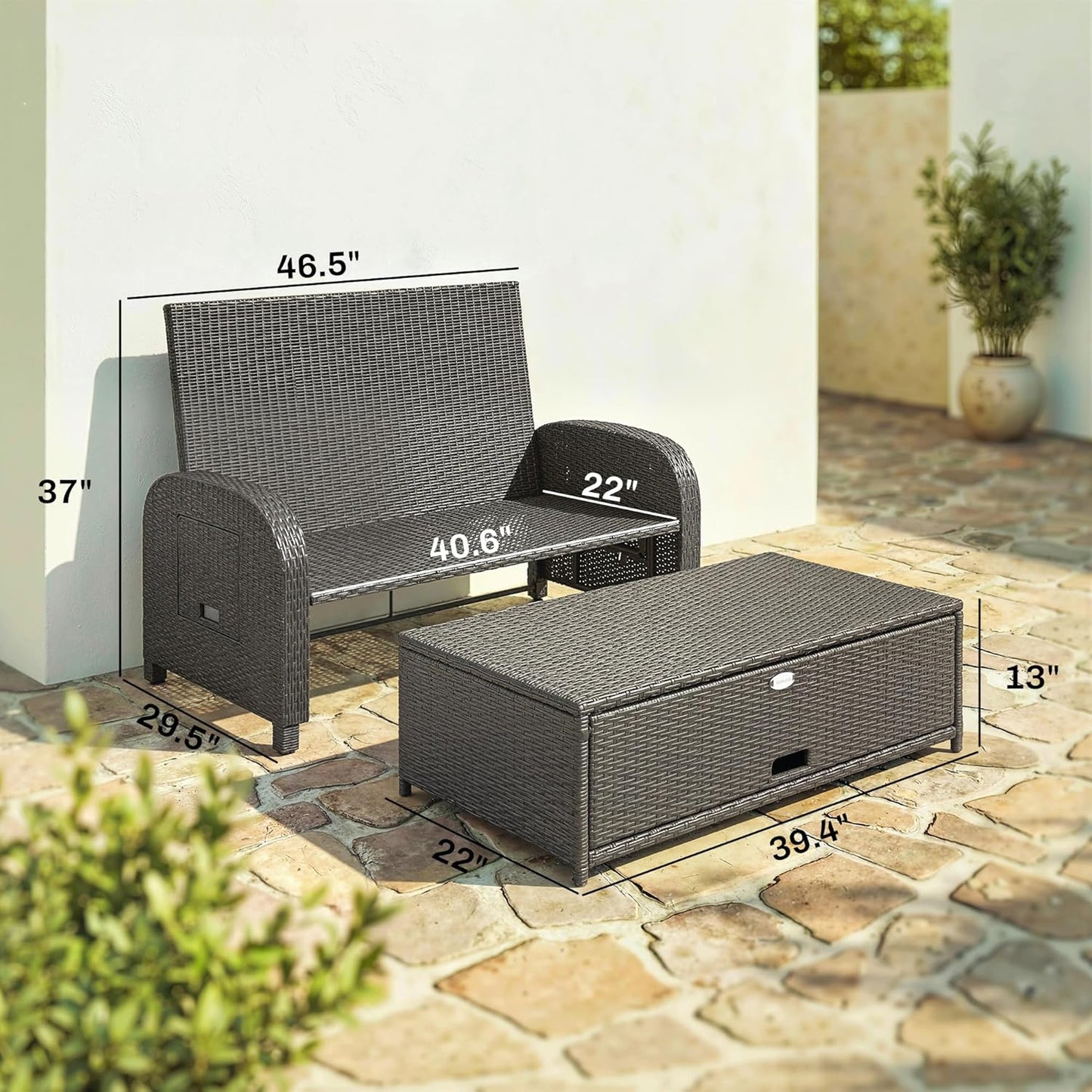 Outsunny Patio Rattan Daybed, Wicker Outdoor Daybed with Storage Ottoman, Loveseat Sofa with Adjustable Backrest, Side Tables, Cushions, Headrests, Double Sunbed Lounger for Balcony, Gray