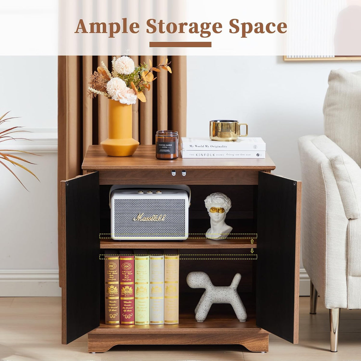 Bifins 24inch Large Square End Table with Storage, Walnut and Black