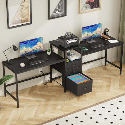 GYIIYUO 93'' Two Person Gaming Desk with Charging Station, Long Desk with 3 Drawers and Printer Shelf, Double Computer Desk, 2 Person Writing Study Table Workstation for Home Office, Black