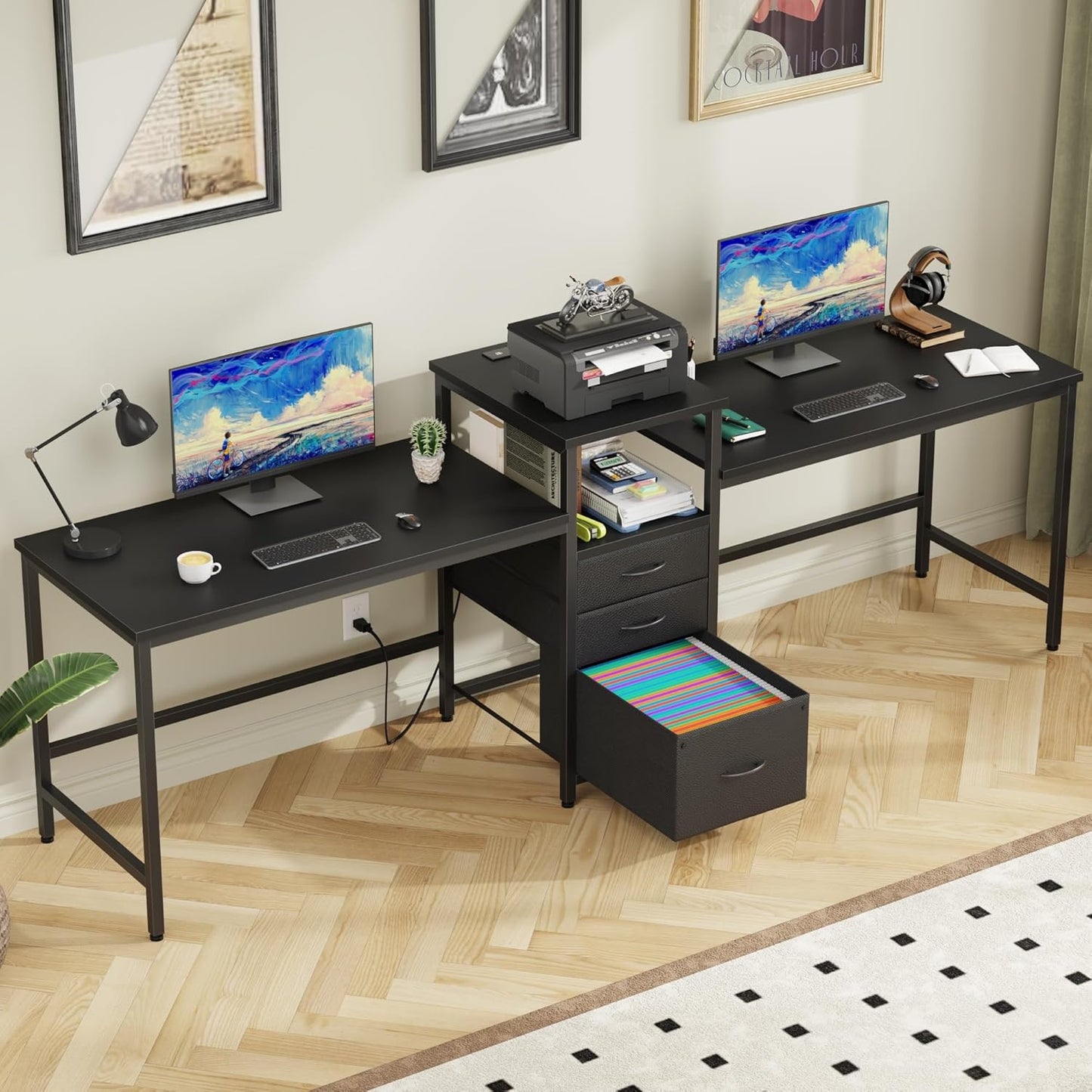 GYIIYUO 93'' Two Person Desk with Charging Station, Long Desk with 3 Drawers and Printer Shelf, Double Computer Desk, 2 Person Writing Study Table Workstation for Home Office, White