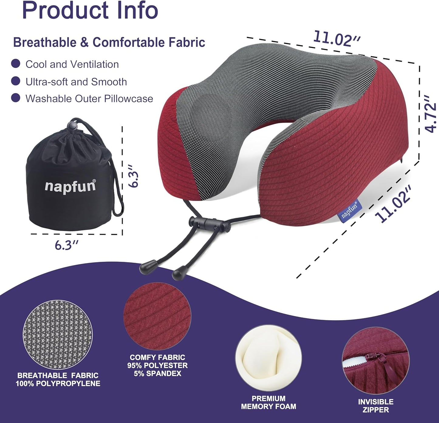 napfun Neck Pillow for Traveling, Upgraded Travel Neck Pillow for Airplane 100% Pure Memory Foam Travel Pillow for Flight Headrest Sleep, Portable Plane Accessories, Burgundy