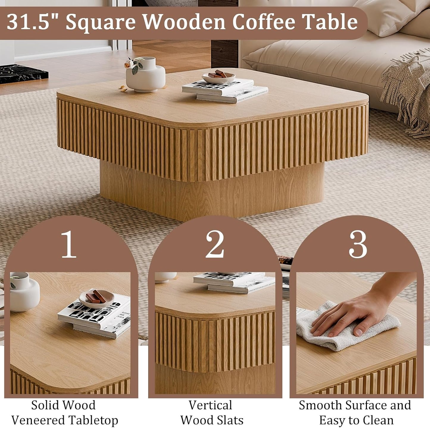 31.5" Square Coffee Table with Hidden Storage Compartment, Modern Handcraft Fluted Drum Coffee Table,Wooden Square Center Table Cocktail Tea Table with Sturdy Pedestal for Living Room,Natural
