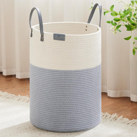 VIPOSCO 100L Tall Woven Rope Laundry Hamper, Leather Handles, Grey & White