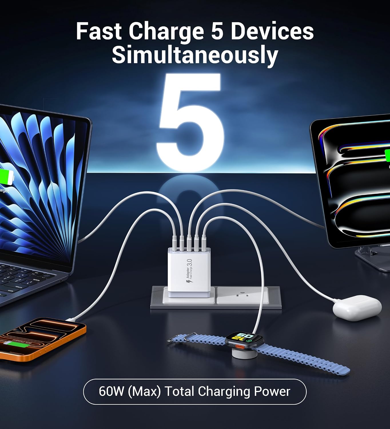 60W USB C Wall Charger Block, 2Pack 5-Port C Charger Fast Charging Block Dual PD Power Adapter&QC Wall Plug Multiport Type C Charging Cube Brick for iPhone 12/13/14/15/16/17 Pro Max, iPad,Samsung