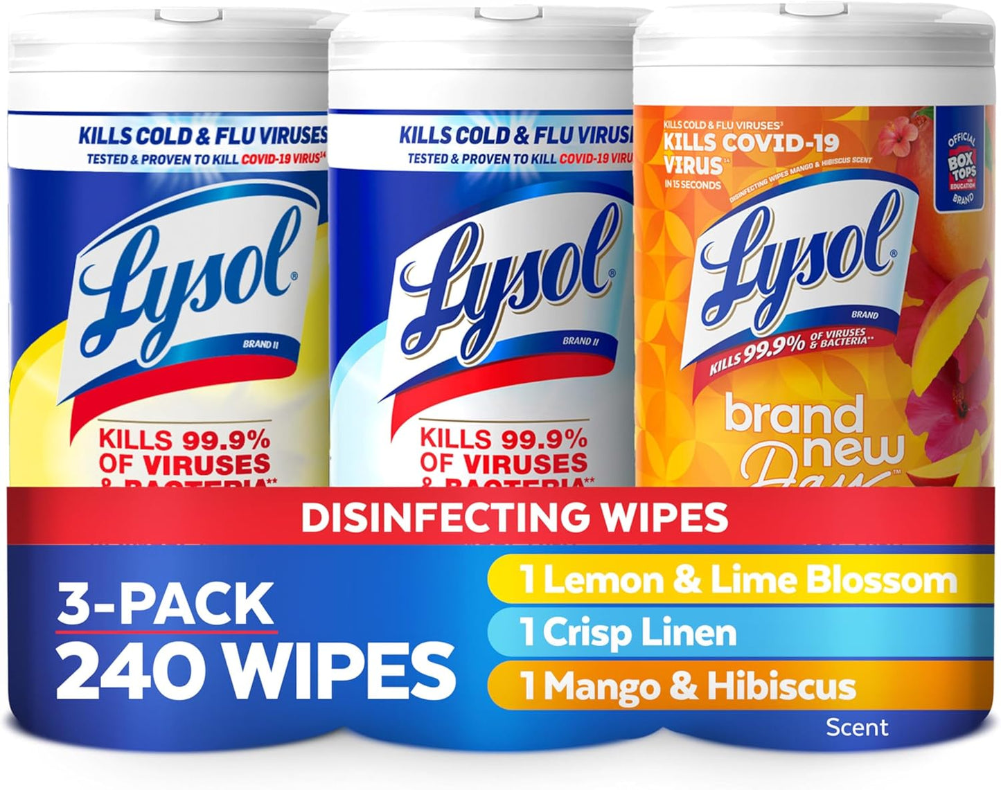 LYSOL Disinfecting Wipes, All Purpose Cleaner, Multi-Surface Antibacterial Cleaning Wipes, Household Cleaning Supplies, Dorm Essentials, Lemon + Crisp Linen + Mango & Hibiscus Scent, 80 ct. (3 Pack)