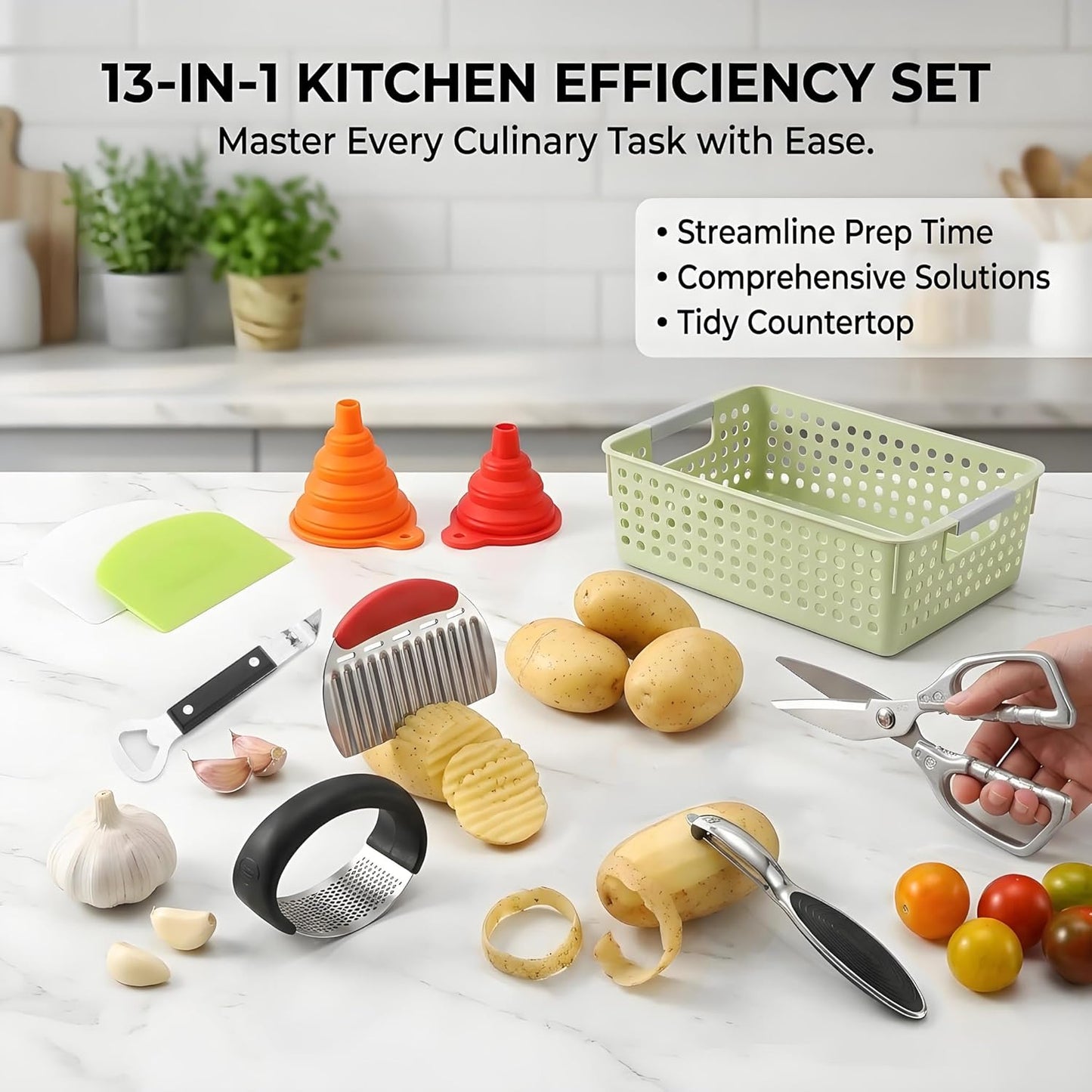 13-Piece Kitchen Gadget Set (Includes Storage Basket) — Features Kitchen Shears, Garlic Press, Knife Sharpener, Julienne Peeler, Standard Peeler, Anti-Scald Tongs, and Bottle Opener — A Home Essential